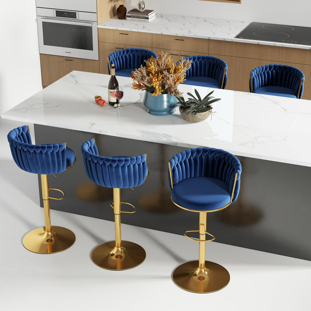 ABET Gold Bar Stool Set of 2, Velvet Swivel Barstools, Height Adjustable Counter Stools with Woven Back, Upholstered Modern Luxury Kitchen Stools with Footrest for Cafe, Pub, Black