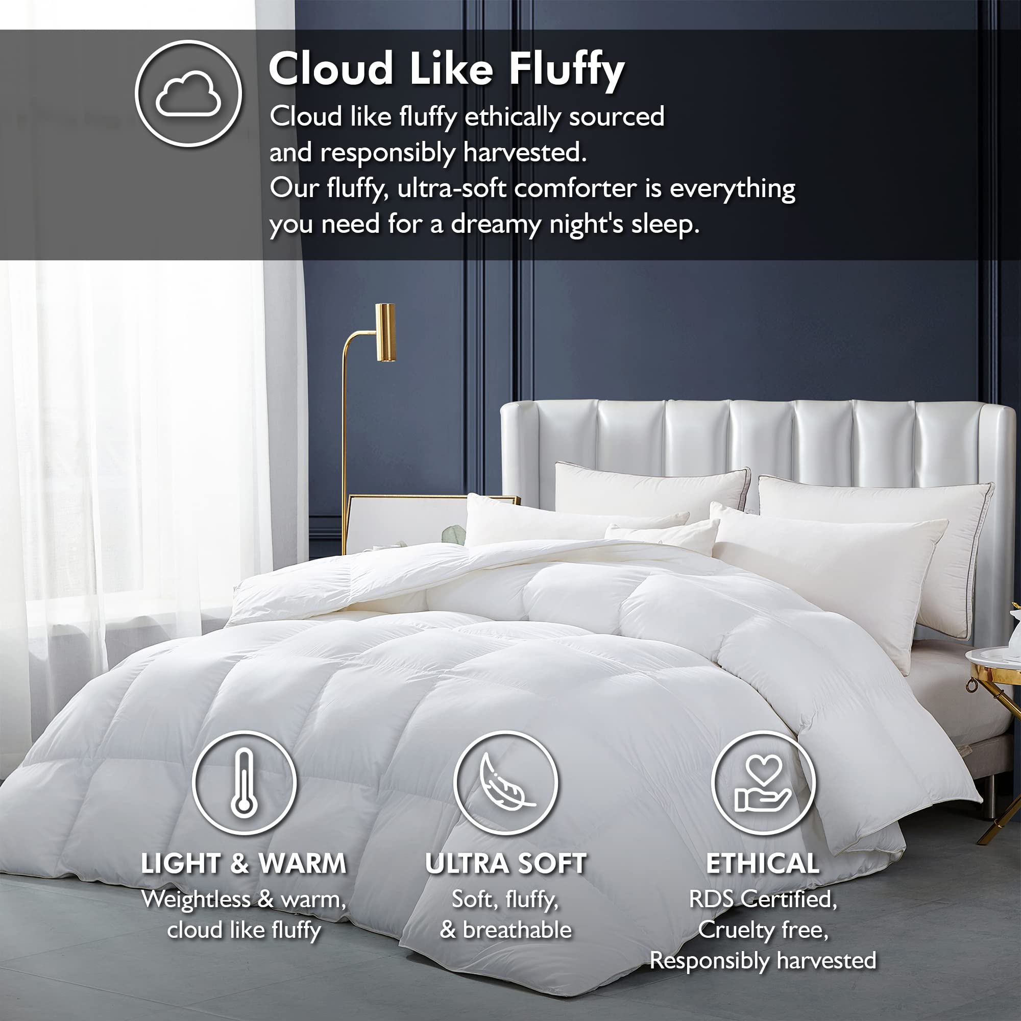 Luxurious White Solid Heavy Weight, Palatial King Size Goose Feathers Down Comforter for Winter Weather, 120 X 98 inches, Premium Baffle Box, 100% Egyptian Cotton Cover, 95 oz. Fill Weight