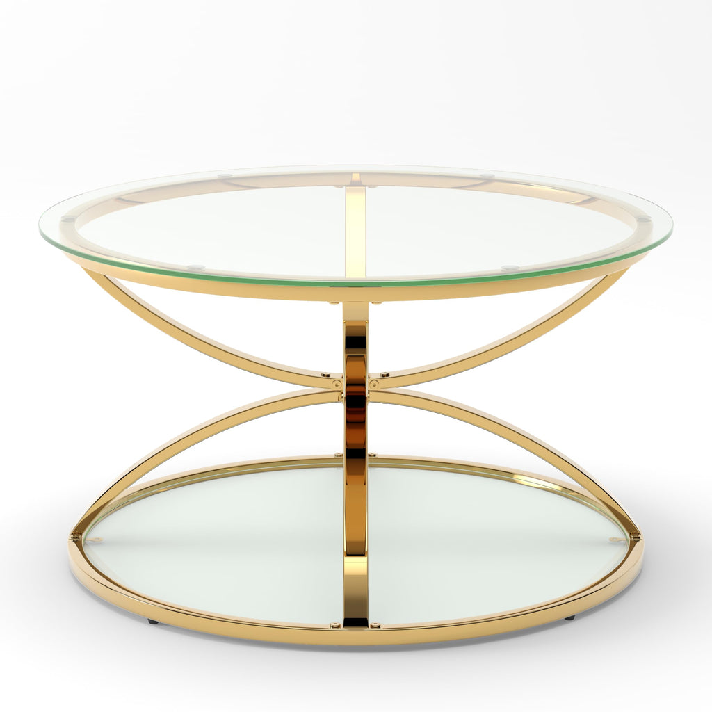 32" Tempered Glass Round Coffee Table Modern Gold Frame Ring Base Single-Layer Circle Living Room Center Tables