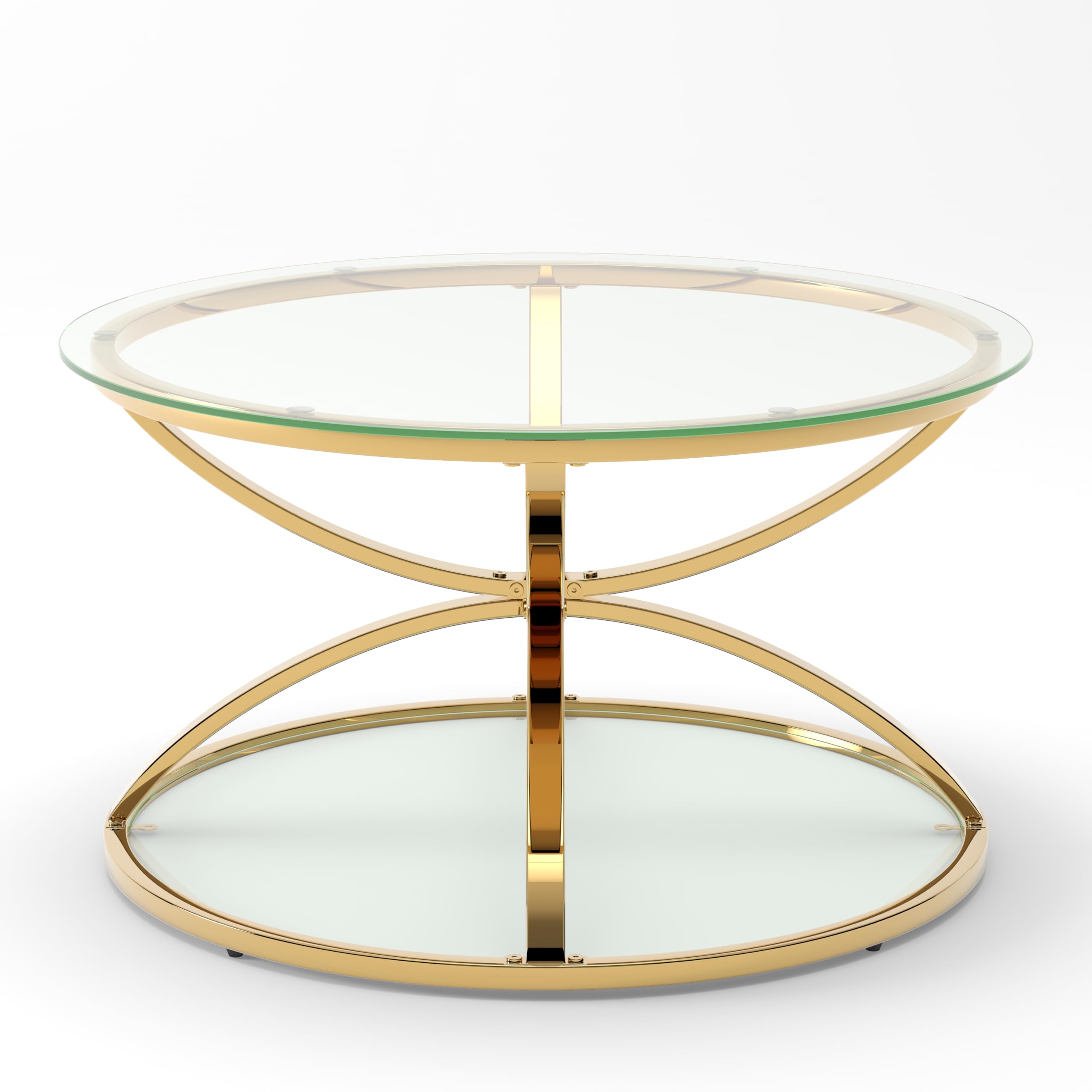 32" Tempered Glass Round Coffee Table Modern Gold Frame Ring Base Single-Layer Circle Living Room Center Tables