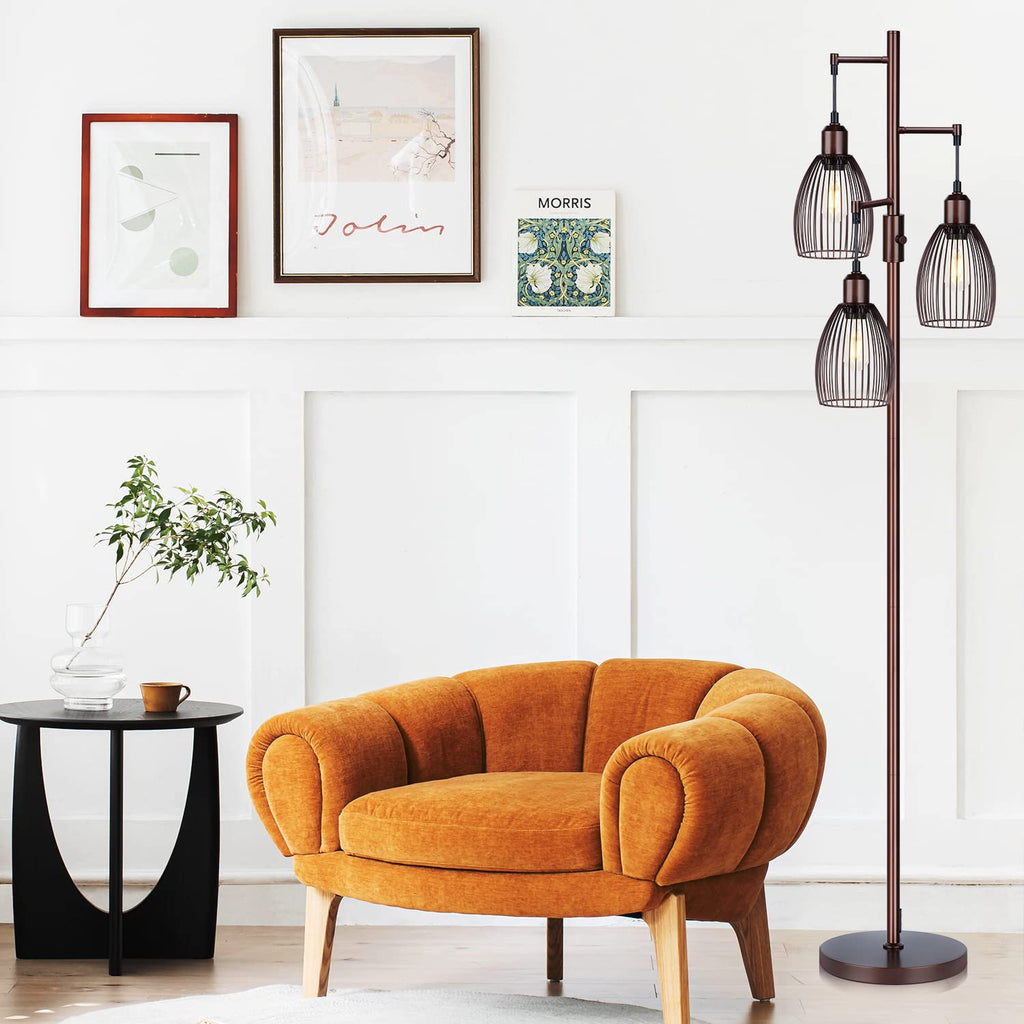 Dimmable Floor Lamp, Industrial Floor Lamps for Living Room, Gold Tree Lamp Standing Lamp Tall Lamps with 3 Elegant Teardrop Cage Head & 800 Lumens LED Bulbs for Living room Bedroom Office Dining Room