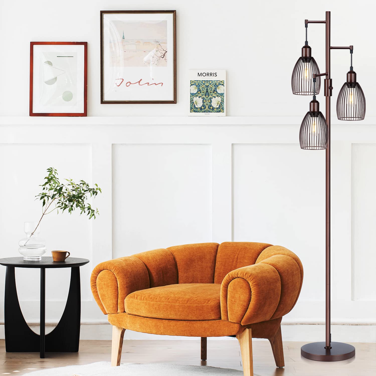 Dimmable Floor Lamp, Industrial Floor Lamps for Living Room, Gold Tree Lamp Standing Lamp Tall Lamps with 3 Elegant Teardrop Cage Head & 800 Lumens LED Bulbs for Living room Bedroom Office Dining Room