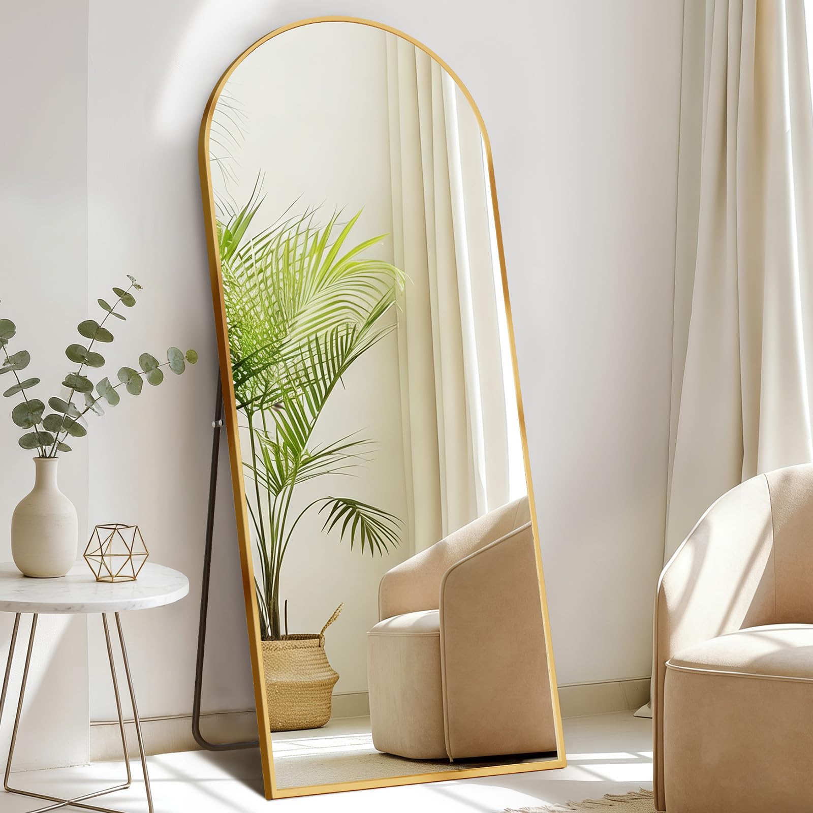 DUMOS Arched Full Length Mirror with Stand 64"x21" Floor Standing Aluminum Frame for Bedroom Body Hanging Leaning Modern Simple Home Decor Shatter-proorf Nano Glass Wall Living Room Cloakroom Black