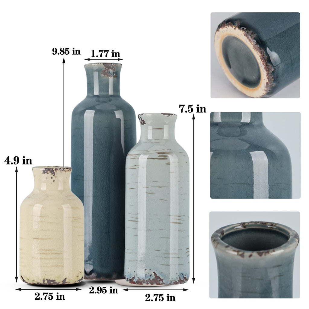 Blue Ceramic Vase Set - 3 Blue Small Vases, Farmhouse Country Flower Vase Home Decor, Living Room Decoration, Table Decoration, Fireplace Decor, and Entrance Decorations Centerpieces