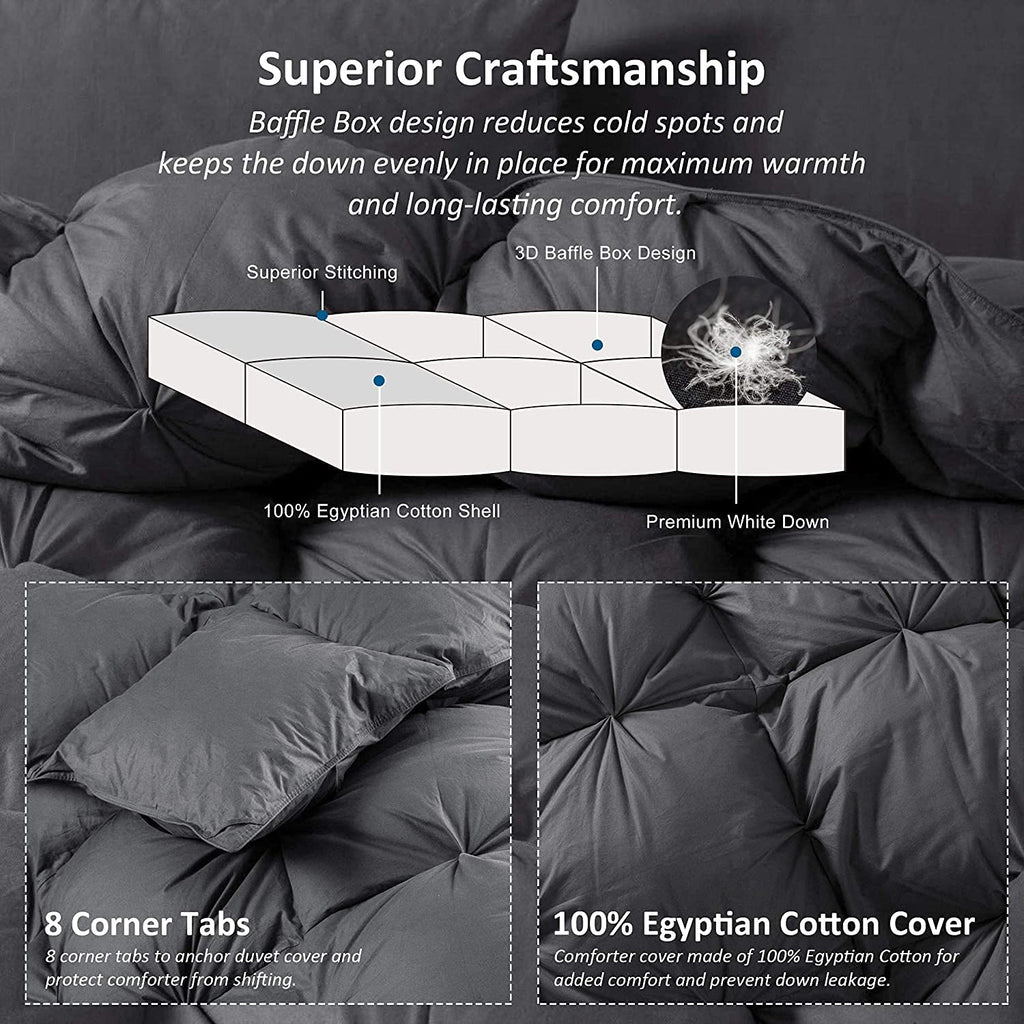 Luxurious White Solid Heavy Weight, Palatial King Size Goose Feathers Down Comforter for Winter Weather, 120 X 98 inches, Premium Baffle Box, 100% Egyptian Cotton Cover, 95 oz. Fill Weight