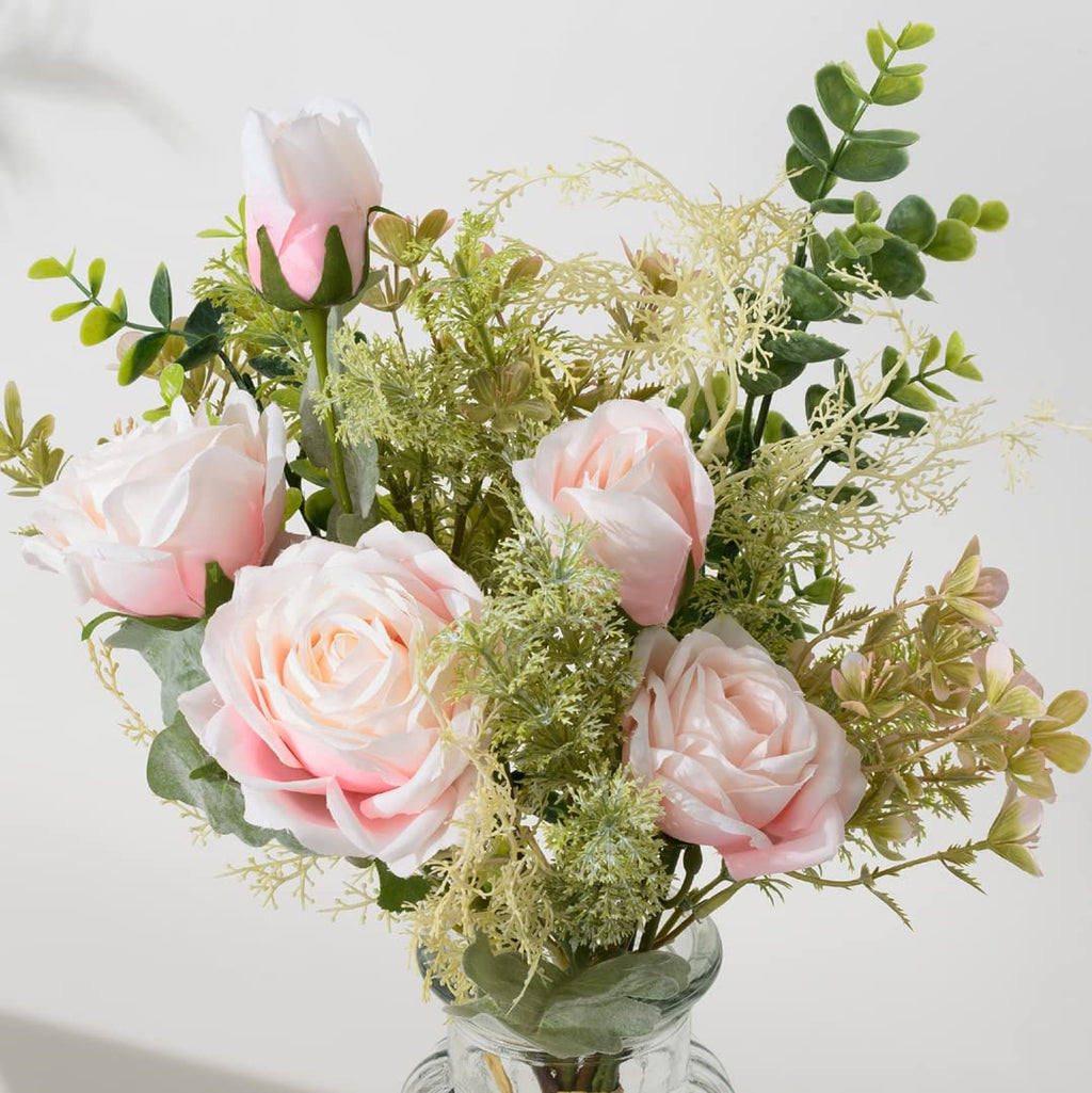 YJ Fake Flowers with Vase, Silk Roses Artificial Flowers in Vase, Faux Flower Plant Arrangement Suitable for Home Office Decoration, Dining Table Centerpiece(White)