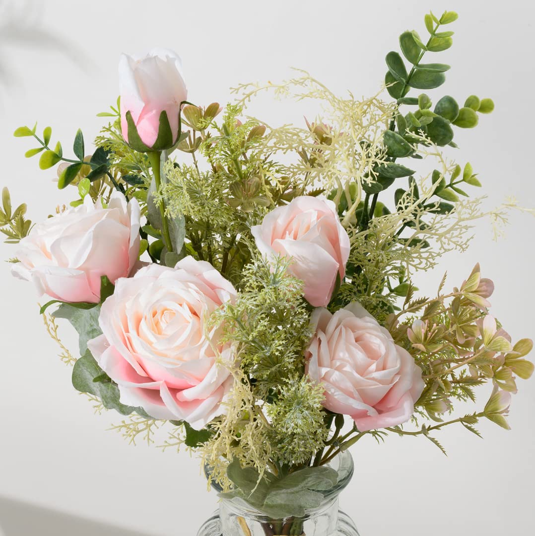 YJ Fake Flowers with Vase, Silk Roses Artificial Flowers in Vase, Faux Flower Plant Arrangement Suitable for Home Office Decoration, Dining Table Centerpiece(White)
