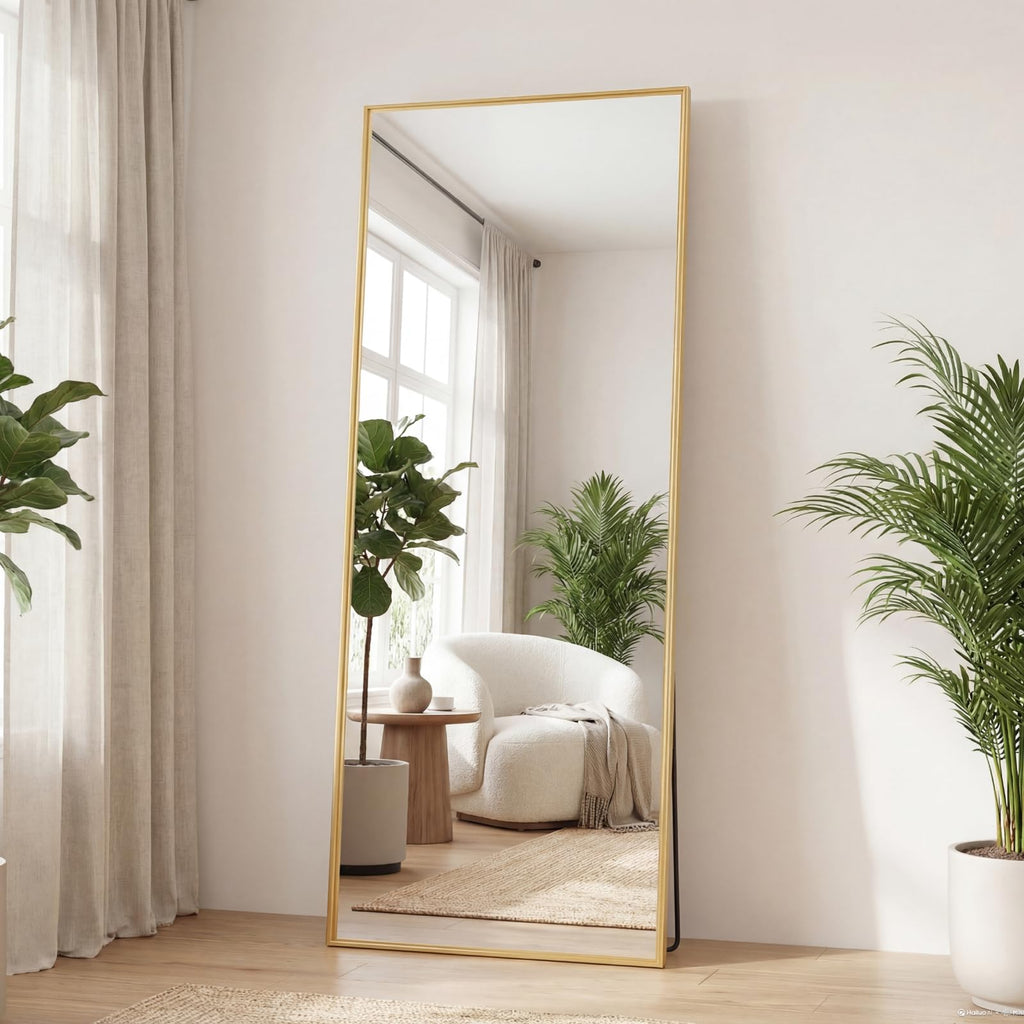 DUMOS Arched Full Length Mirror with Stand 64"x21" Floor Standing Aluminum Frame for Bedroom Body Hanging Leaning Modern Simple Home Decor Shatter-proorf Nano Glass Wall Living Room Cloakroom Black