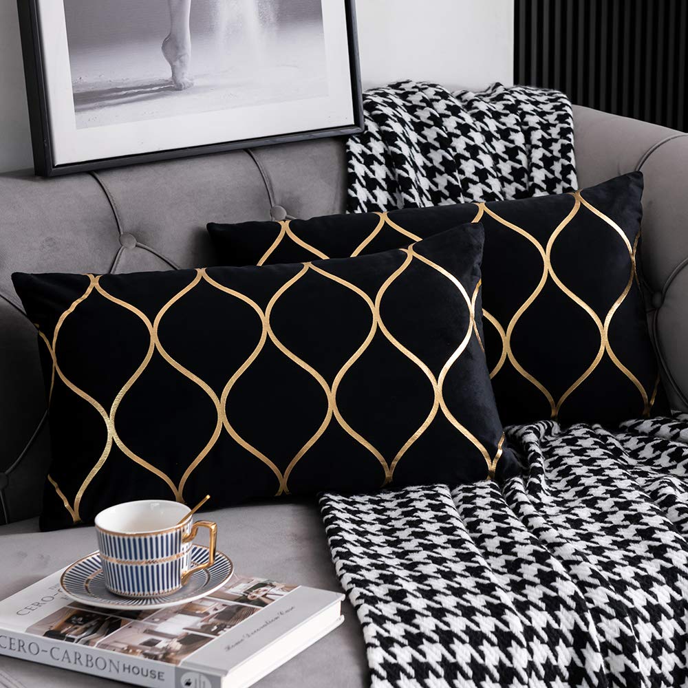 DEZENE 12x20 Inch Gold Velvet Throw Pillow Covers: 2 Pack Rectangular Decorative Pillow Cases for Bedroom Sofa Couch Living Room, Black