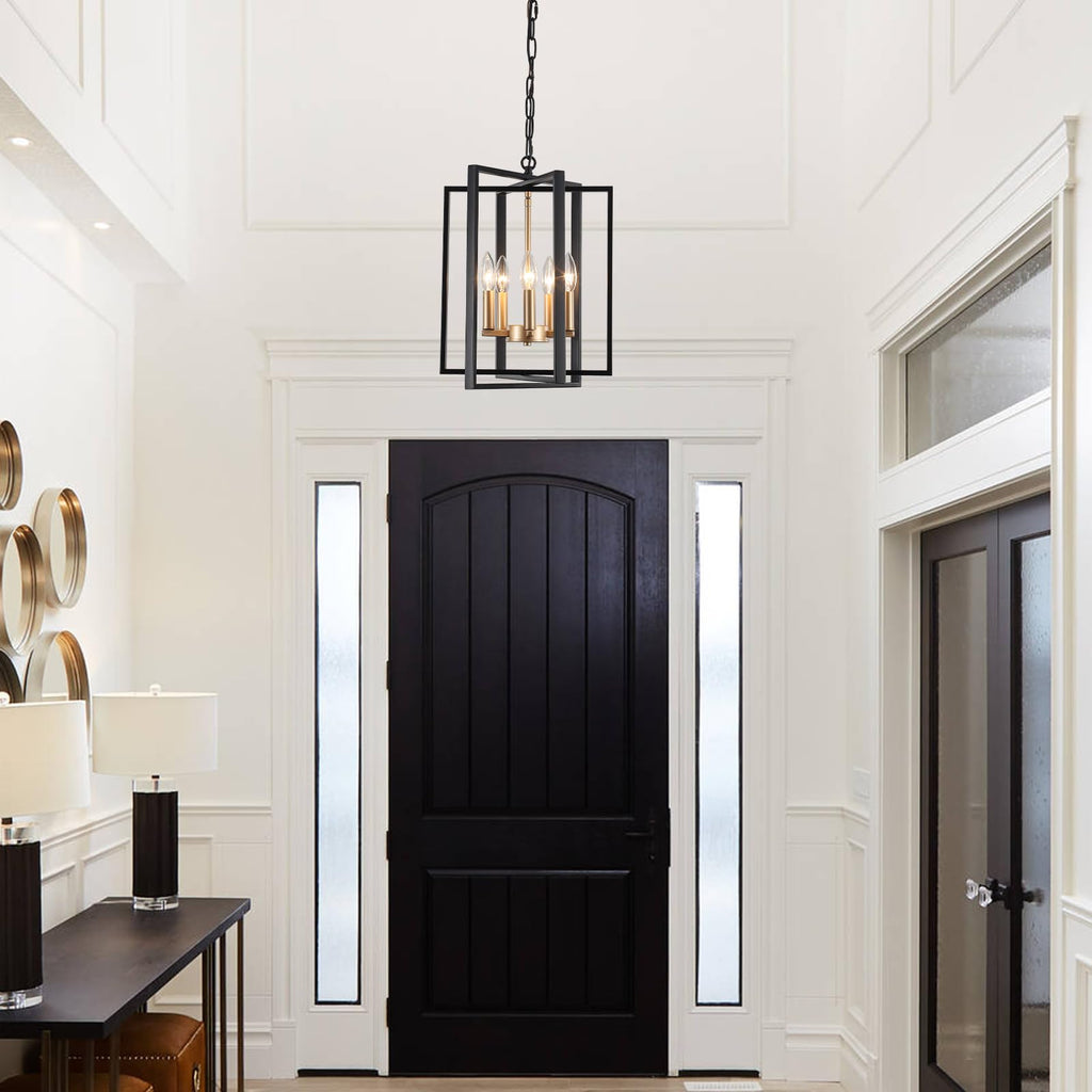 Black Gold Chandelier for Dining Room, Modern Farmhouse 3 Light Entryway Pendant Light Fixture Adjustable Geometric Industrial Rustic Foyer Light for Living Room Kitchen Island Hallway Bedroom