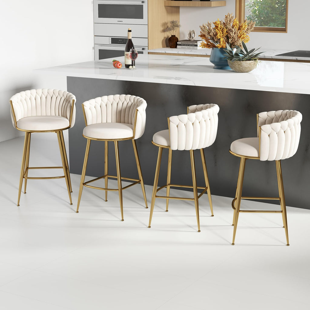 ABET Gold Bar Stool Set of 2, Velvet Swivel Barstools, Height Adjustable Counter Stools with Woven Back, Upholstered Modern Luxury Kitchen Stools with Footrest for Cafe, Pub, Black