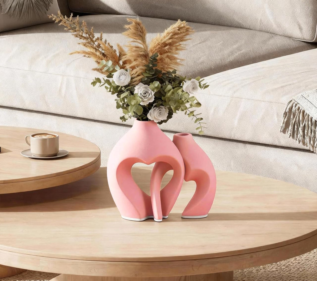 Zormon White Vases for Decor, Heart Shaped Ceramic Vase Set of 2, Nordic Heart Shaped Vases, Minimalist Decorative Vase for Table Centerpiece Wedding Dining Living Room Office House Decoration