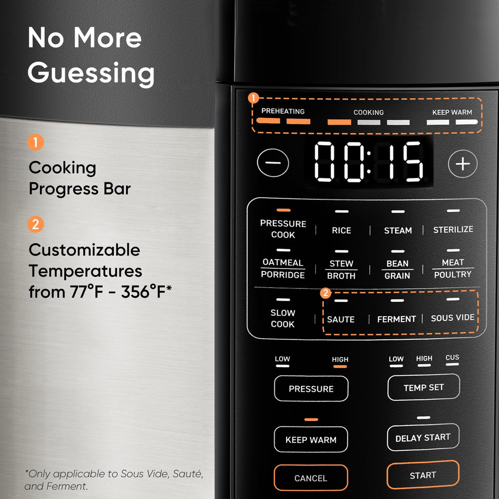 Cosori Pressure Cooker 6QT, Stainless Steel, 9-in-1 Multi Cooker, 12 Safety Features, Ceramic Inner Pot, Rice, Slow Cook, Sous Vide, Saute, 1100W
