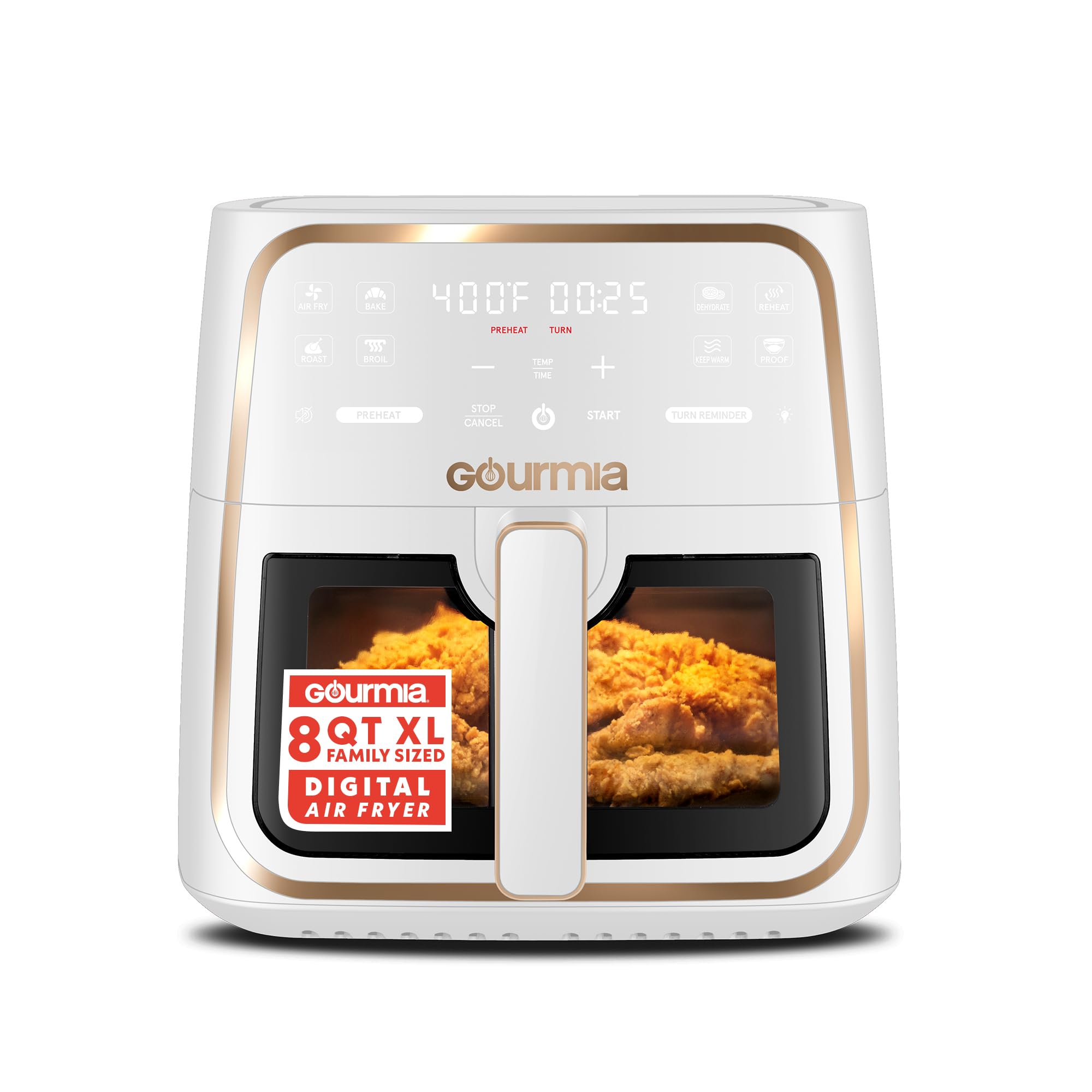 Gourmia 8 Qt Air Fryer, 8 Presets with Digital Display, FryForce 360° Technology, Easy View Window & Interior Light, Dishwasher Safe Basket, Green