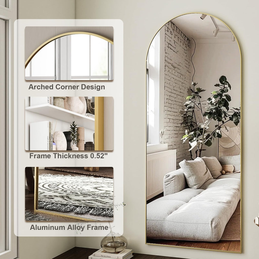 HARRITPURE 64"x21" Arched Full Length Mirror Floor Mirrors with Aluminum Alloy Frame Free-Standing Wall Mounted or Leaning Large Bedroom Dressing Mirror Modern & Contemporary Decor for Home,Black