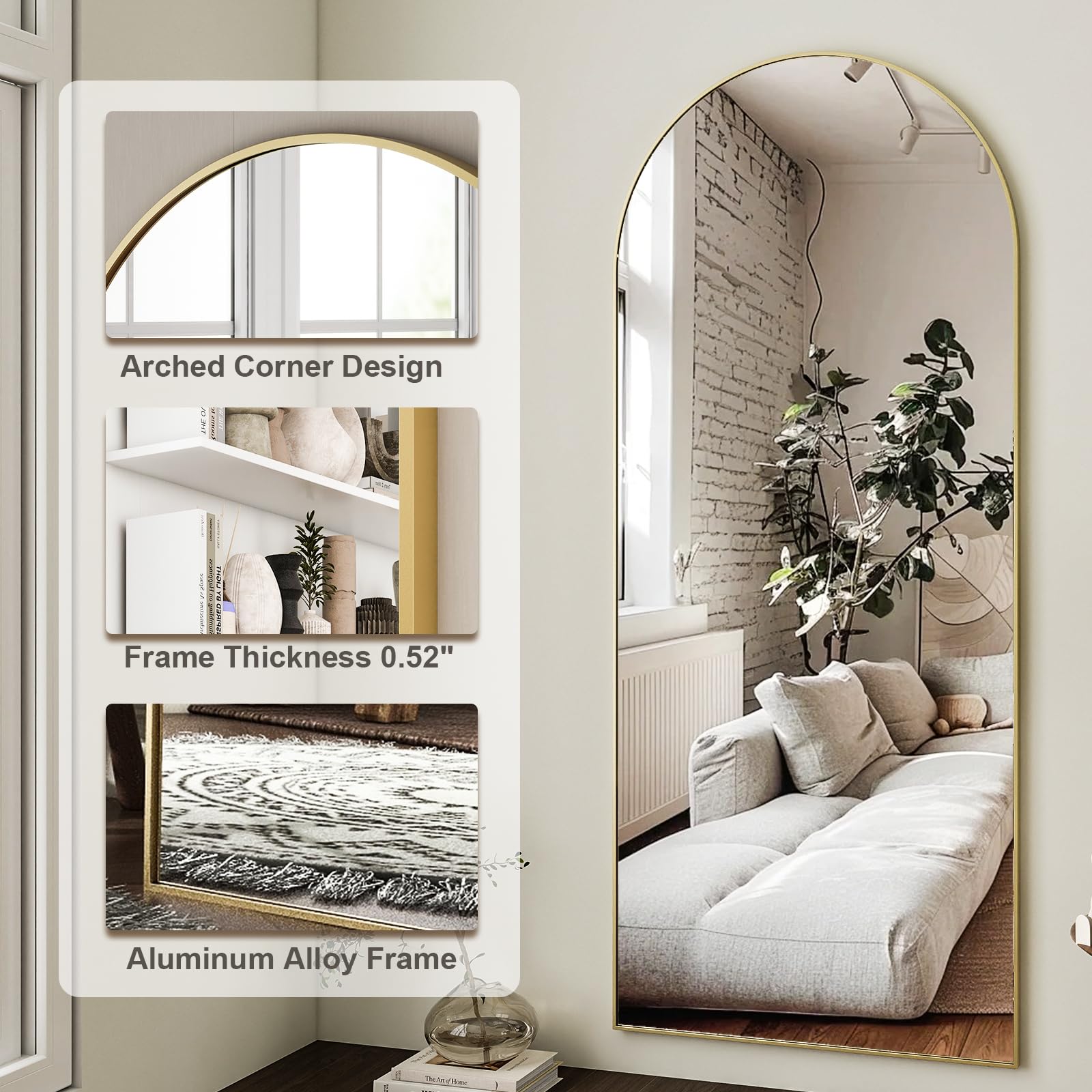 HARRITPURE 64"x21" Arched Full Length Mirror Floor Mirrors with Aluminum Alloy Frame Free-Standing Wall Mounted or Leaning Large Bedroom Dressing Mirror Modern & Contemporary Decor for Home,Black
