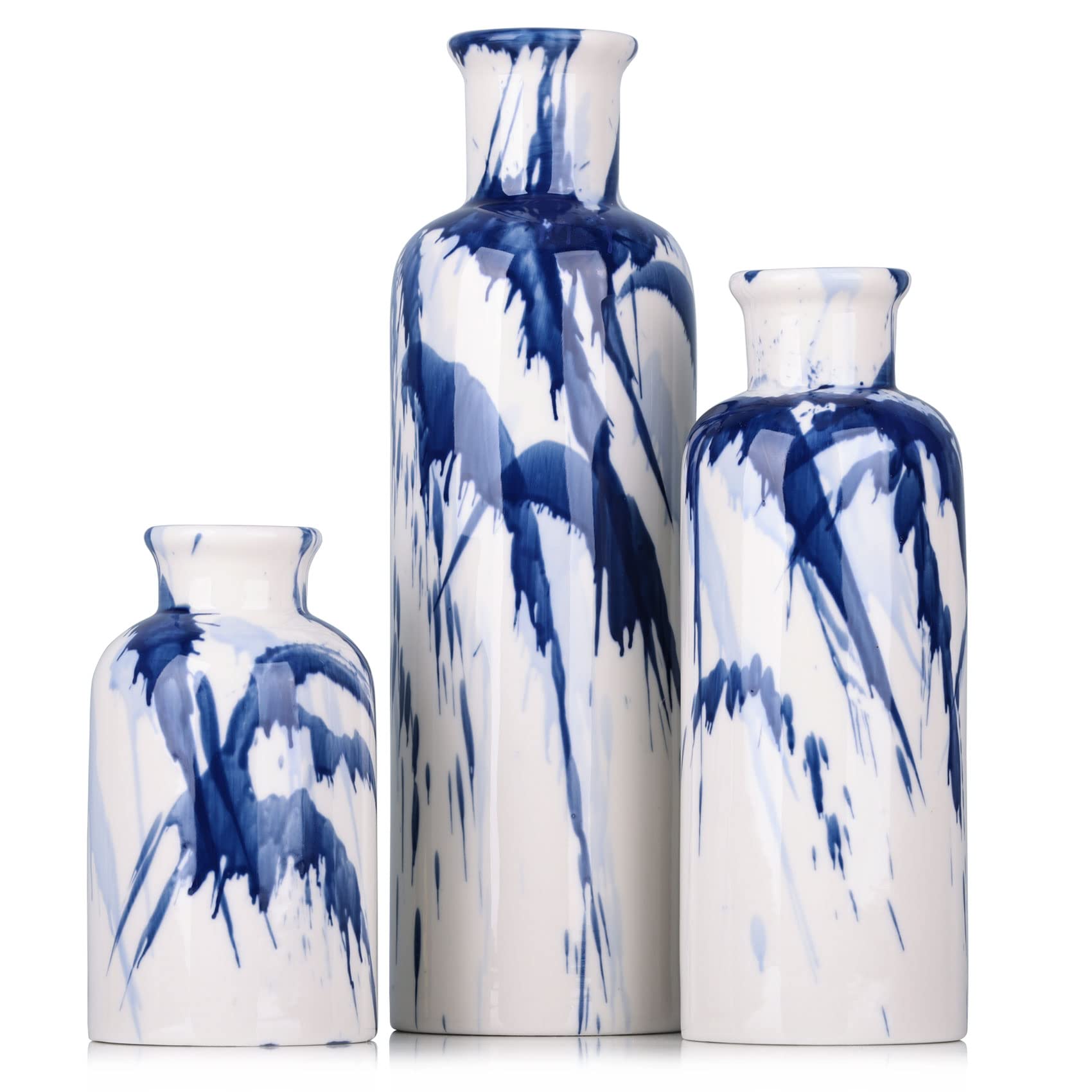 Blue Ceramic Vase Set - 3 Blue Small Vases, Farmhouse Country Flower Vase Home Decor, Living Room Decoration, Table Decoration, Fireplace Decor, and Entrance Decorations Centerpieces