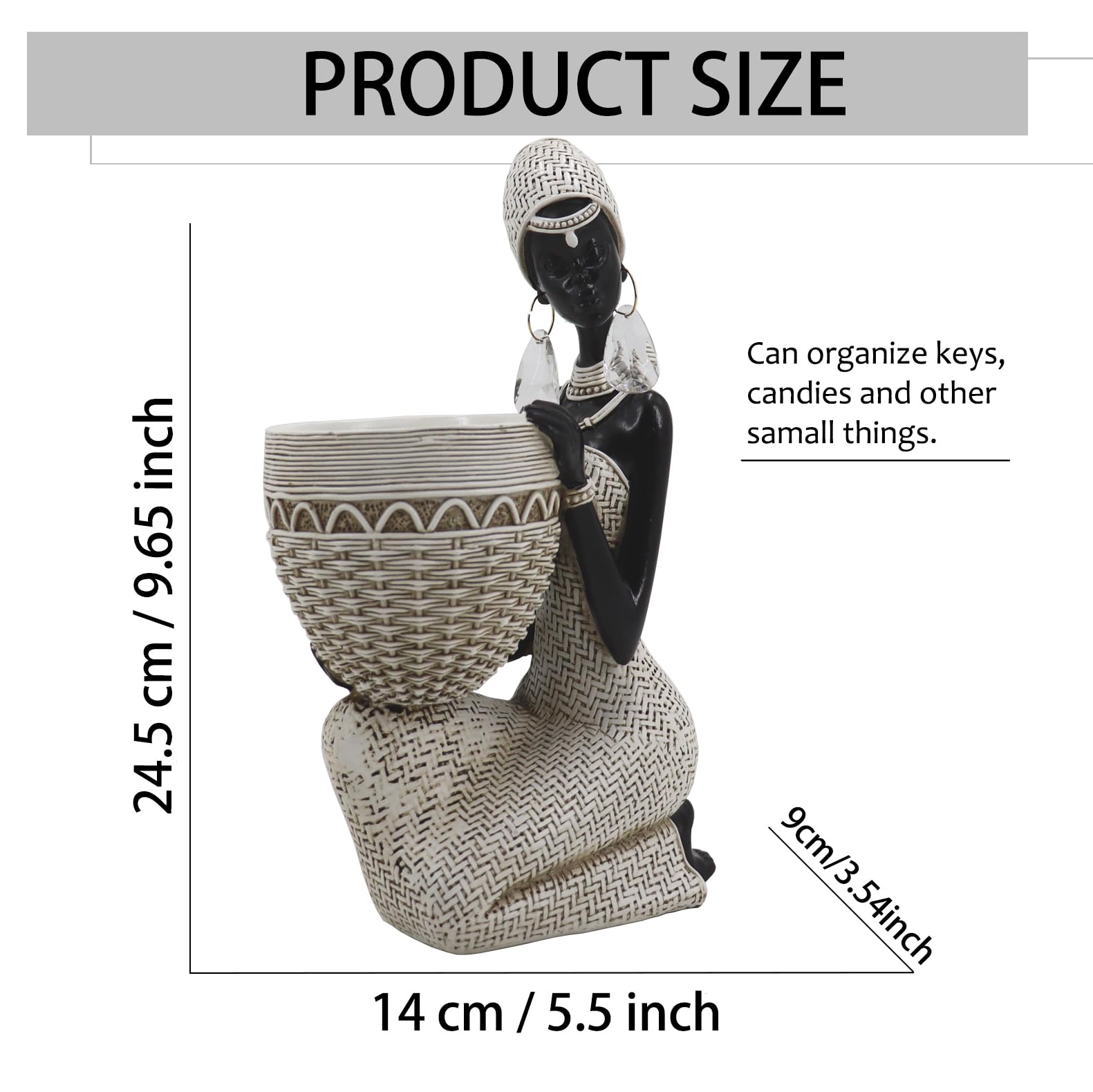 Lescafita African Woman Sculpture with Gold Leaf Bowl, Handmade Resin Figurine, Exotic Tribal Art Statue for Living Room, Dining Table, or Entryway Decoration