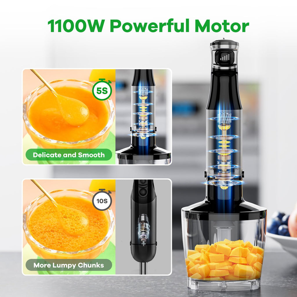 Turelar Immersion Blender Handheld Corded Hand Blenders Set 1100W, Trigger Variable Speed 5 in 1 Stick Emulsifier with Chopper, Whisk and Frother for Soup, Baby Food and Smoothies, Navy Blue