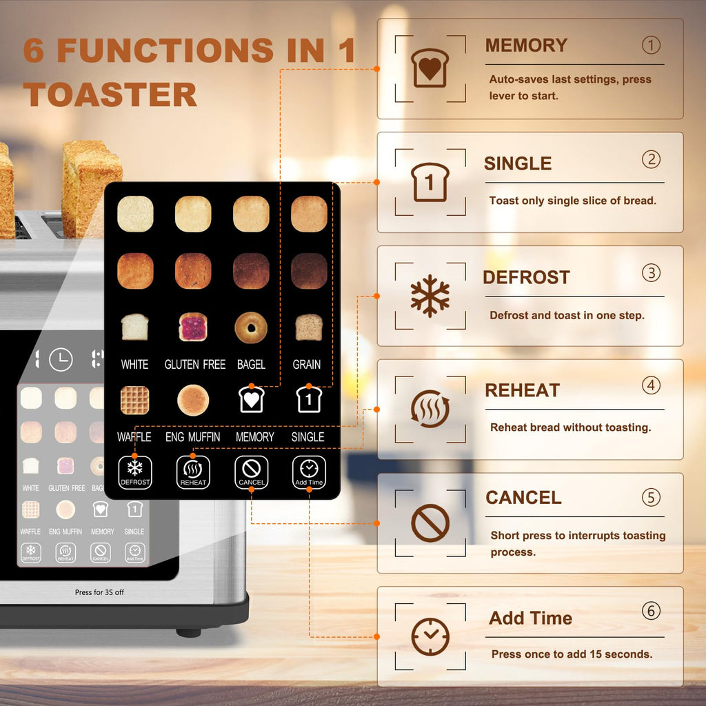 4 Slice Toaster Touch Screen, Stainless Steel Toasters Digital Timer, Dual Control Panel Toasters, 8 Shade Settings 6 Bread Types for Bagel, Cancel, Defrost 1650W