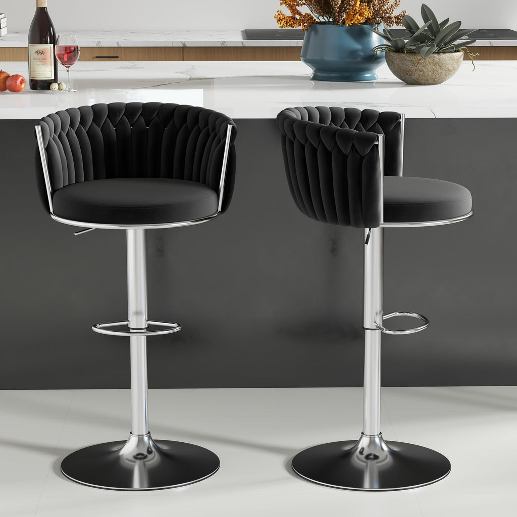 ABET Gold Bar Stool Set of 2, Velvet Swivel Barstools, Height Adjustable Counter Stools with Woven Back, Upholstered Modern Luxury Kitchen Stools with Footrest for Cafe, Pub, Black