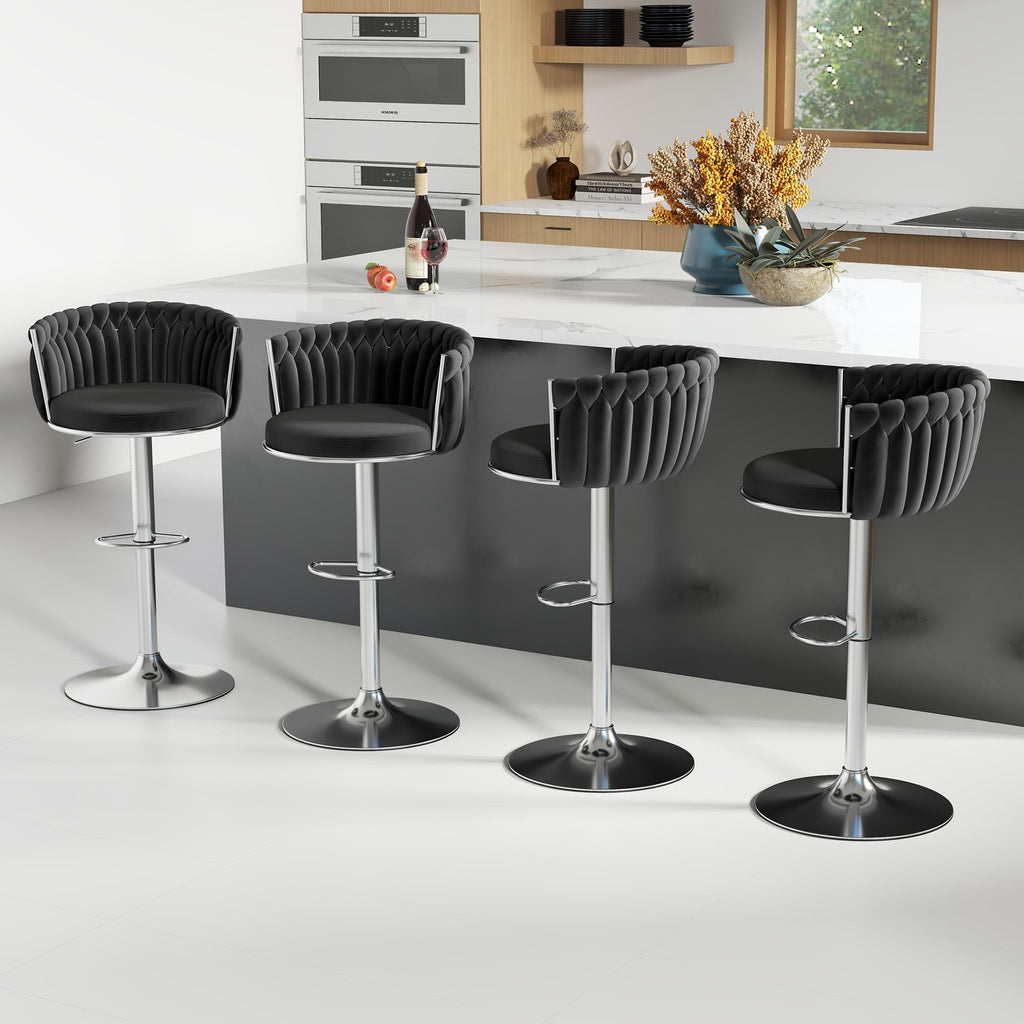 ABET Gold Bar Stool Set of 2, Velvet Swivel Barstools, Height Adjustable Counter Stools with Woven Back, Upholstered Modern Luxury Kitchen Stools with Footrest for Cafe, Pub, Black
