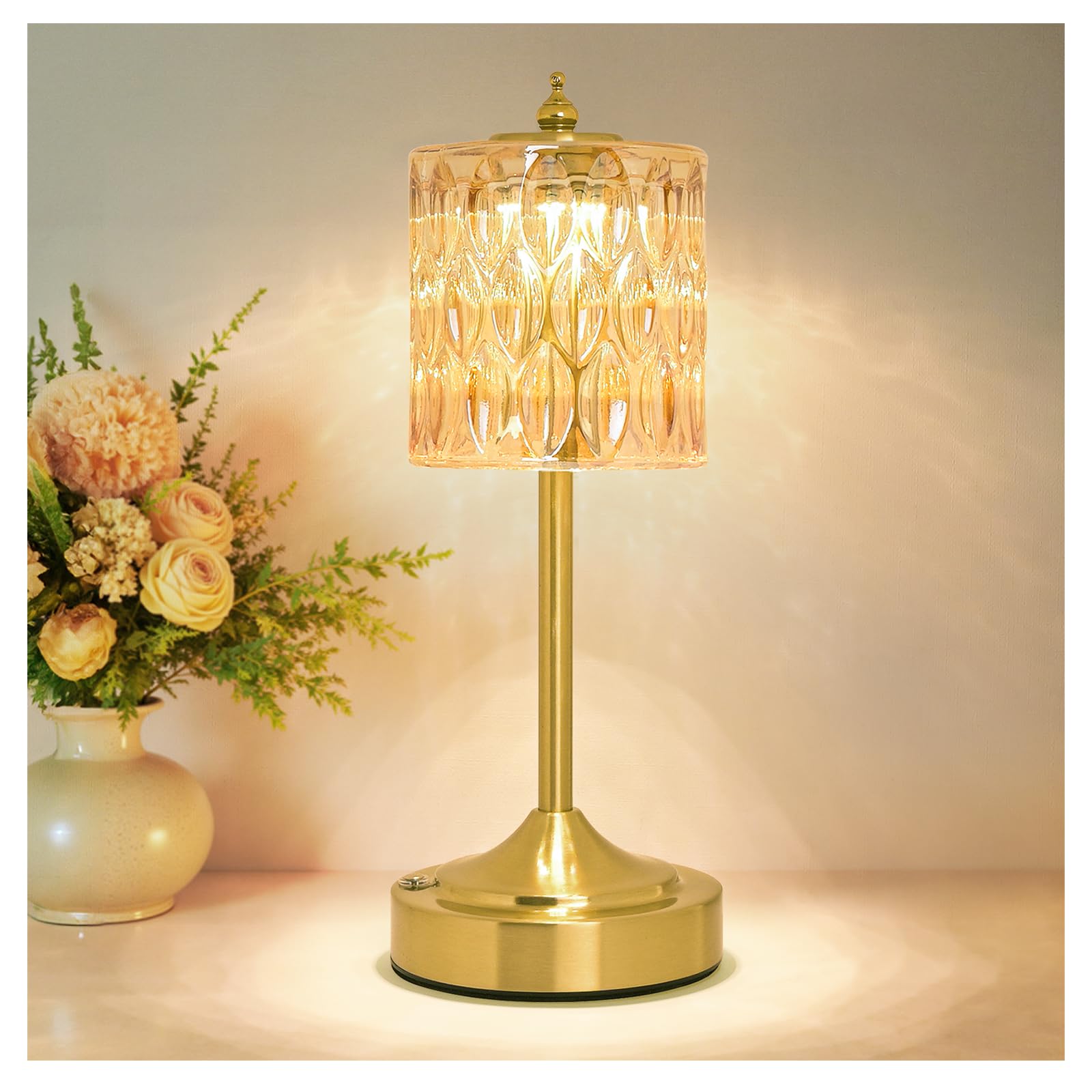 Cordless Lotus Flower Table Lamp, 5200mAh Rechargeable Battery Operated Portable Lamp, 3-Color Dimmable Touch Control Small Desk Lamp for Bedroom, Office, Kitchen, Nightstand,Room Decor (Flower Amber)