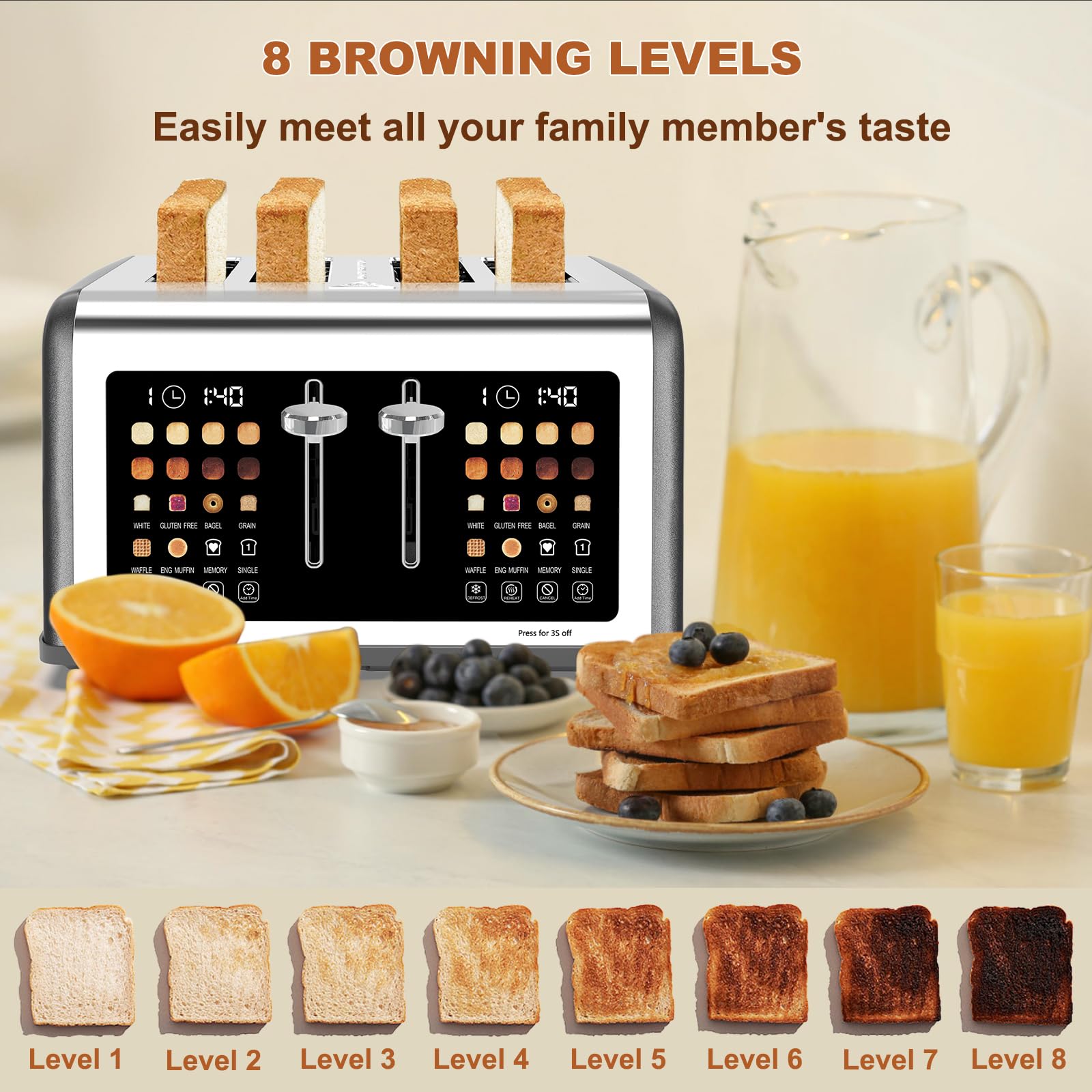 4 Slice Toaster Touch Screen, Stainless Steel Toasters Digital Timer, Dual Control Panel Toasters, 8 Shade Settings 6 Bread Types for Bagel, Cancel, Defrost 1650W