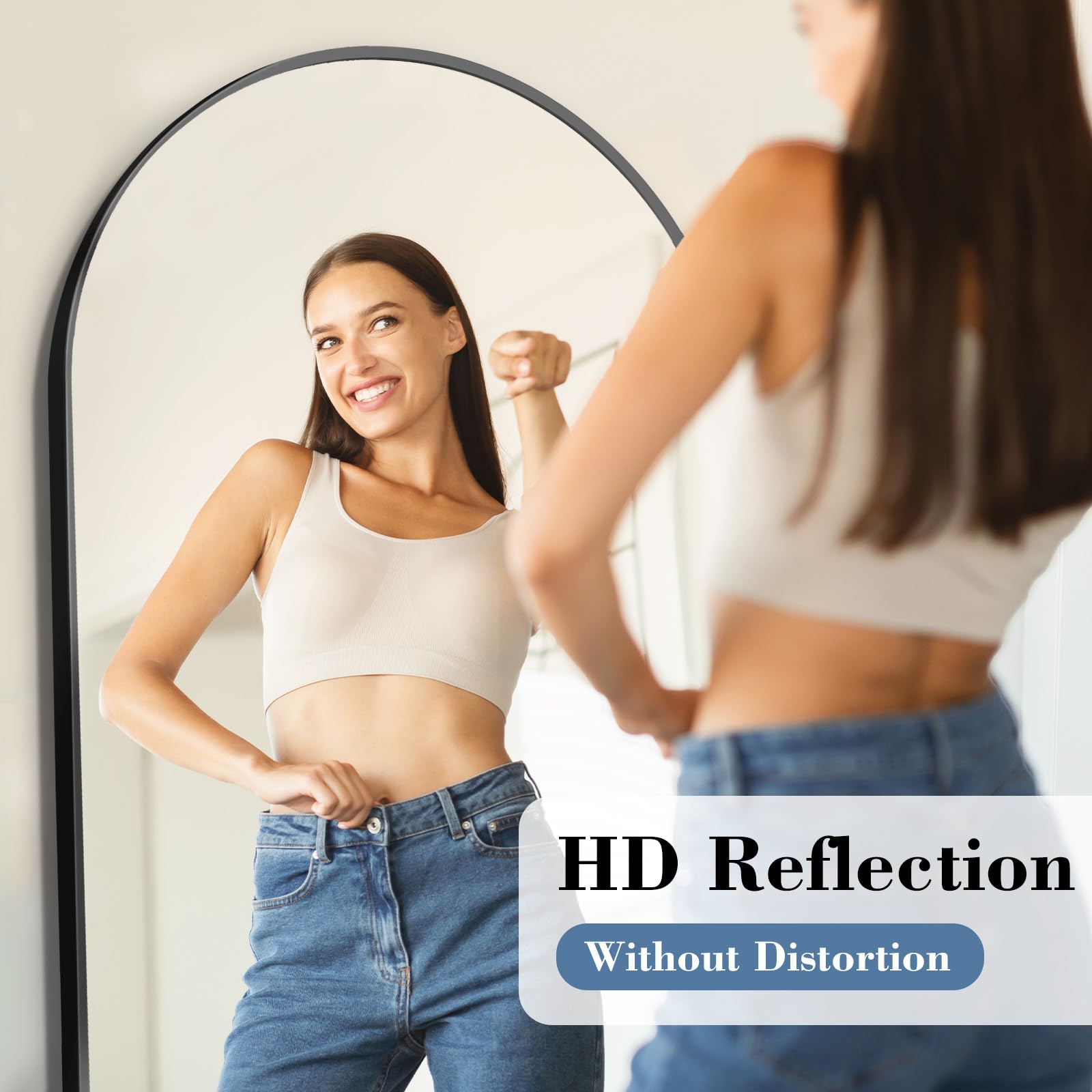DUMOS Arched Full Length Mirror with Stand 64"x21" Floor Standing Aluminum Frame for Bedroom Body Hanging Leaning Modern Simple Home Decor Shatter-proorf Nano Glass Wall Living Room Cloakroom Black