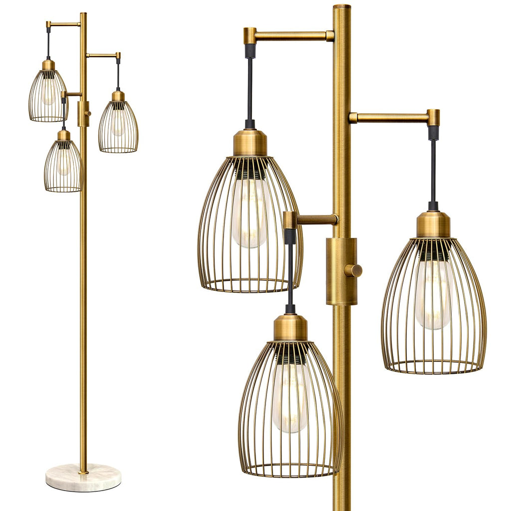 Dimmable Floor Lamp, Industrial Floor Lamps for Living Room, Gold Tree Lamp Standing Lamp Tall Lamps with 3 Elegant Teardrop Cage Head & 800 Lumens LED Bulbs for Living room Bedroom Office Dining Room