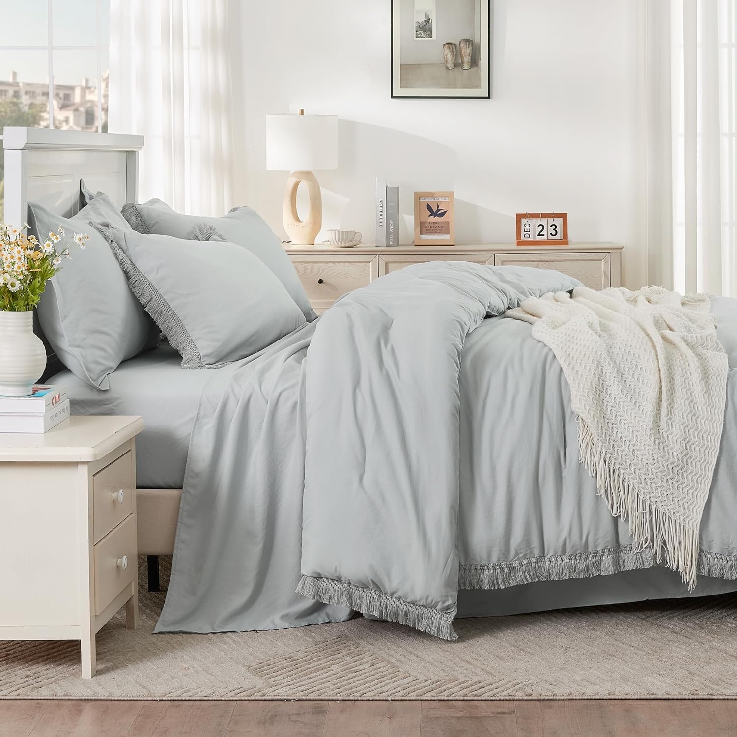 Andency King Size Comforter Set with Sheets Light Pink - 7 Pieces Bed in a Bag Boho Soft Lightweight Bedding Sets, Tassel Bed Set with Comforter, Sheets, Pillowcases & Shams