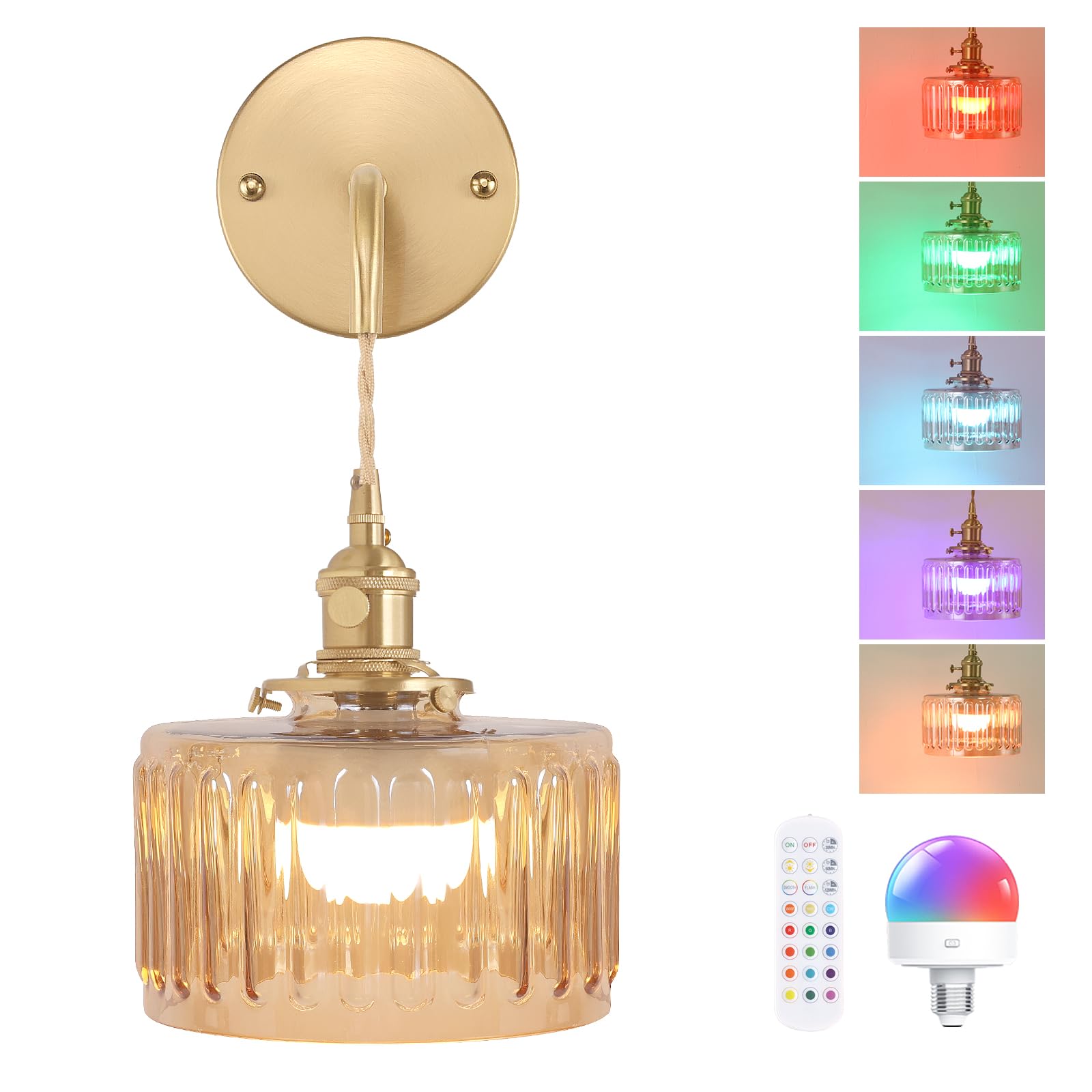 Shenmoyl Vintage Wall Sconce Wall Lamp with Amber Striped Glass Shade Hanging Wall Sconce with 4.9FT Plug in Cord, Modern Wall Lamp Fixtures Decor for Bedside Bedroom Indoor Doorway