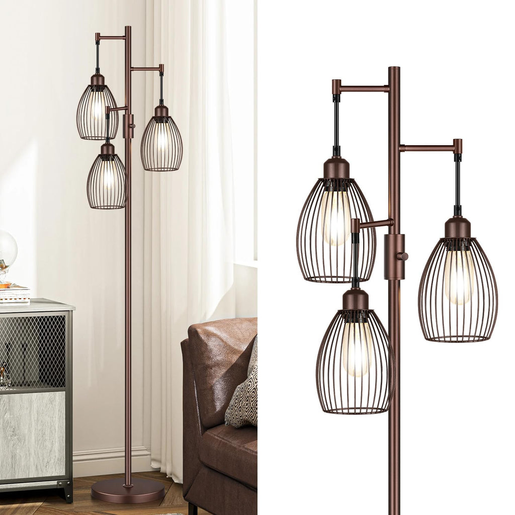 Dimmable Floor Lamp, Industrial Floor Lamps for Living Room, Gold Tree Lamp Standing Lamp Tall Lamps with 3 Elegant Teardrop Cage Head & 800 Lumens LED Bulbs for Living room Bedroom Office Dining Room