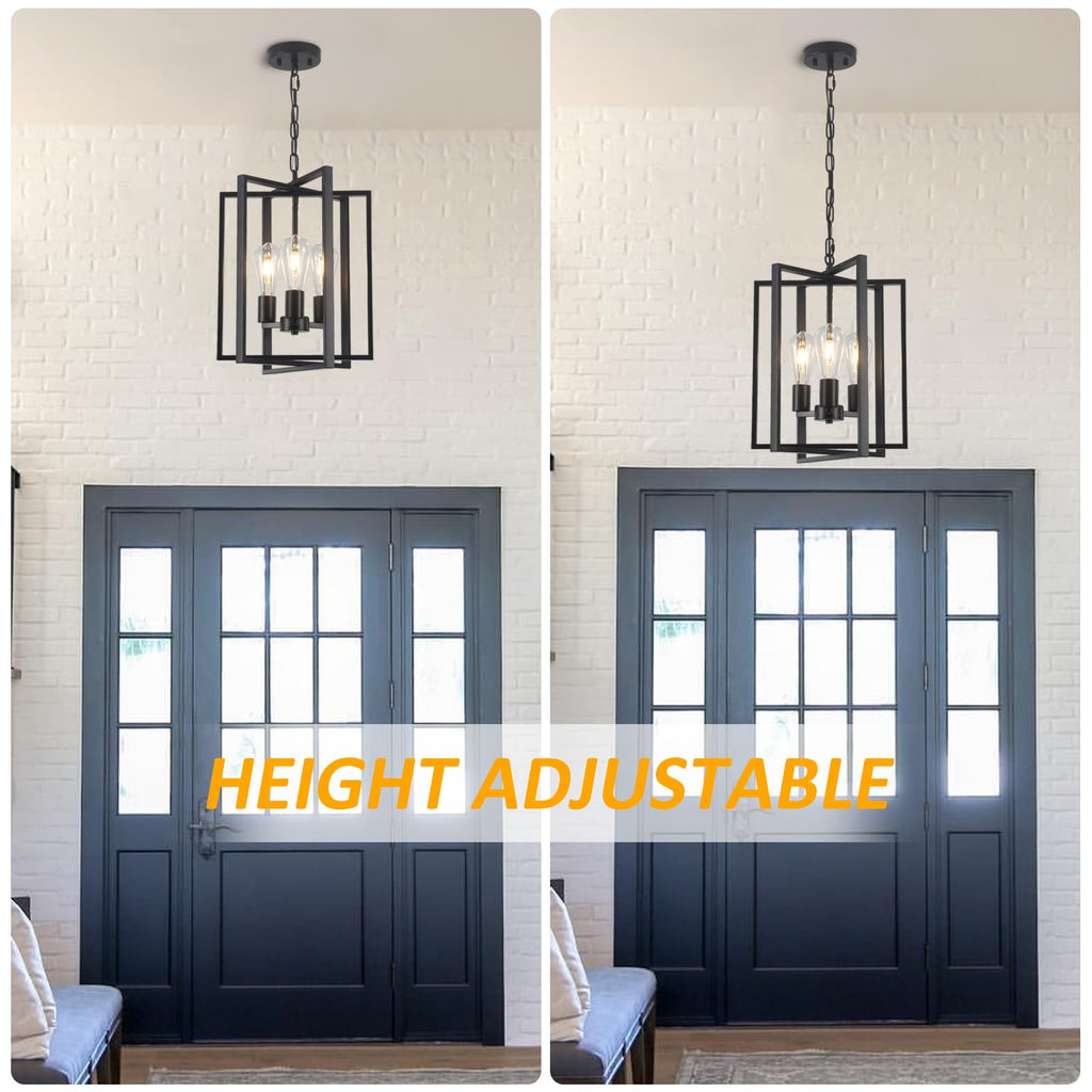 Black Gold Chandelier for Dining Room, Modern Farmhouse 3 Light Entryway Pendant Light Fixture Adjustable Geometric Industrial Rustic Foyer Light for Living Room Kitchen Island Hallway Bedroom