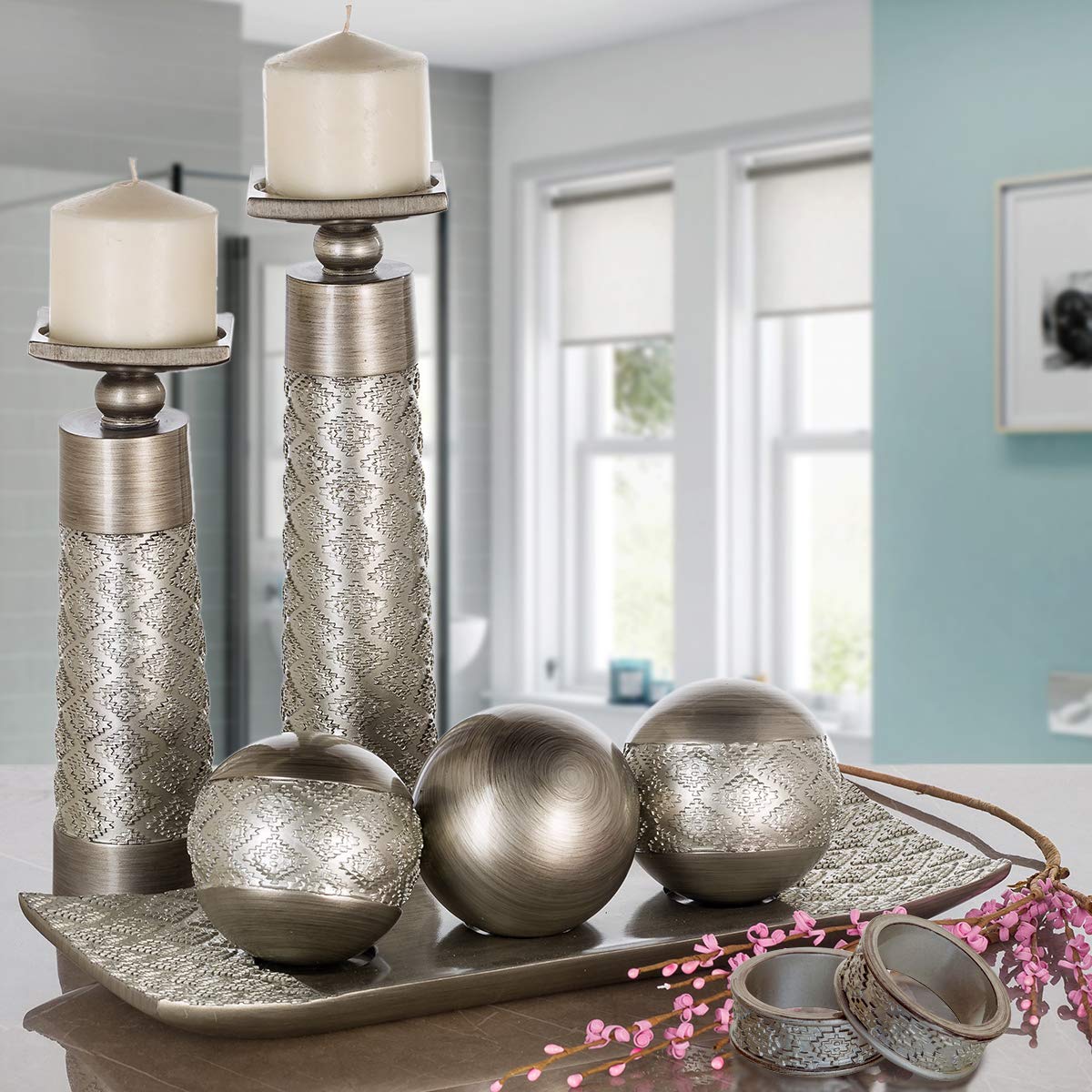 Creative Scents Dublin Silver Decorative Tray and Orbs Balls Set - Centerpiece Bowl with Balls for Dining room Table, Rustic Coffee Table Decor for Living Room Decor, Gift Boxed