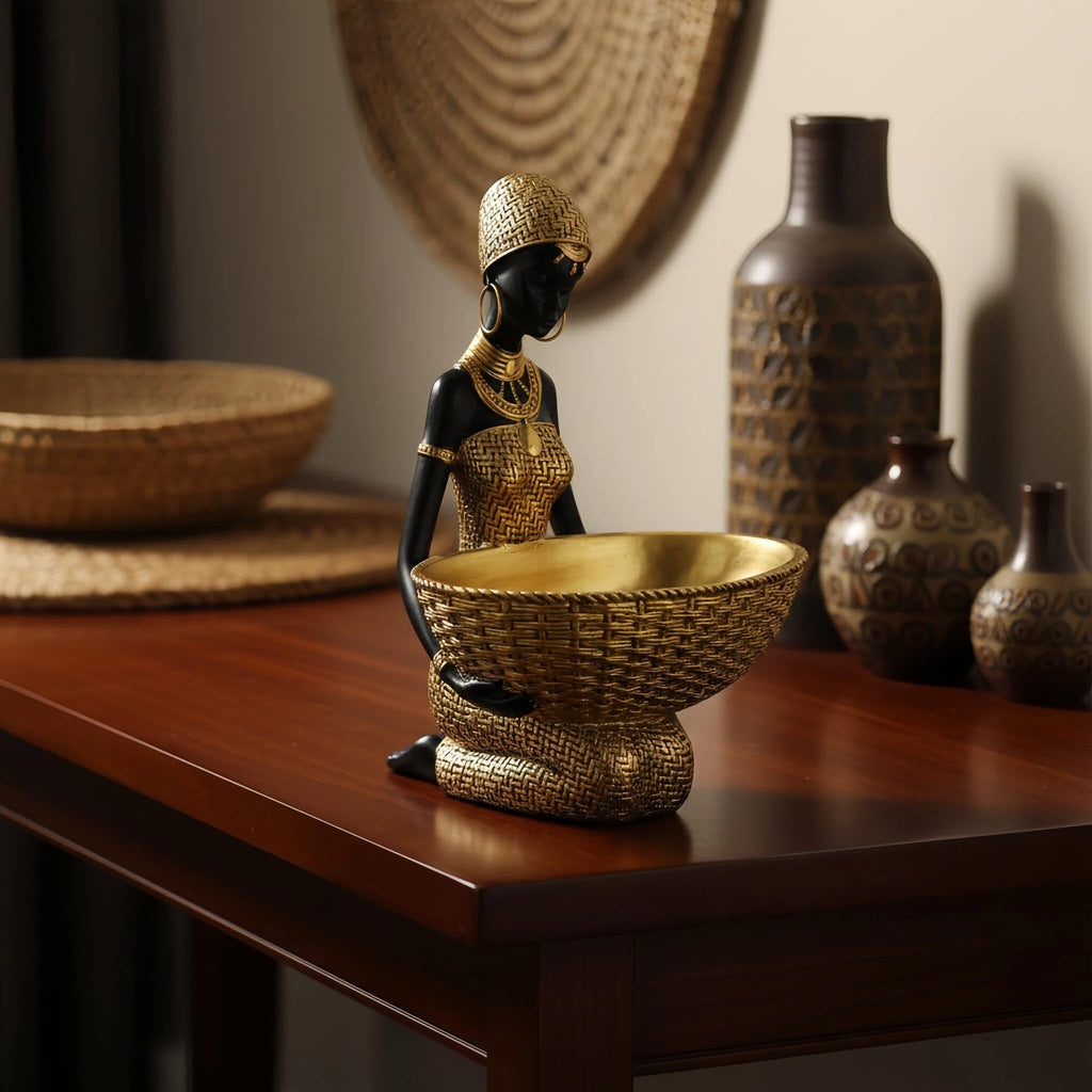 Lescafita African Woman Sculpture with Gold Leaf Bowl, Handmade Resin Figurine, Exotic Tribal Art Statue for Living Room, Dining Table, or Entryway Decoration