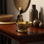 Lescafita African Woman Sculpture with Gold Leaf Bowl, Handmade Resin Figurine, Exotic Tribal Art Statue for Living Room, Dining Table, or Entryway Decoration