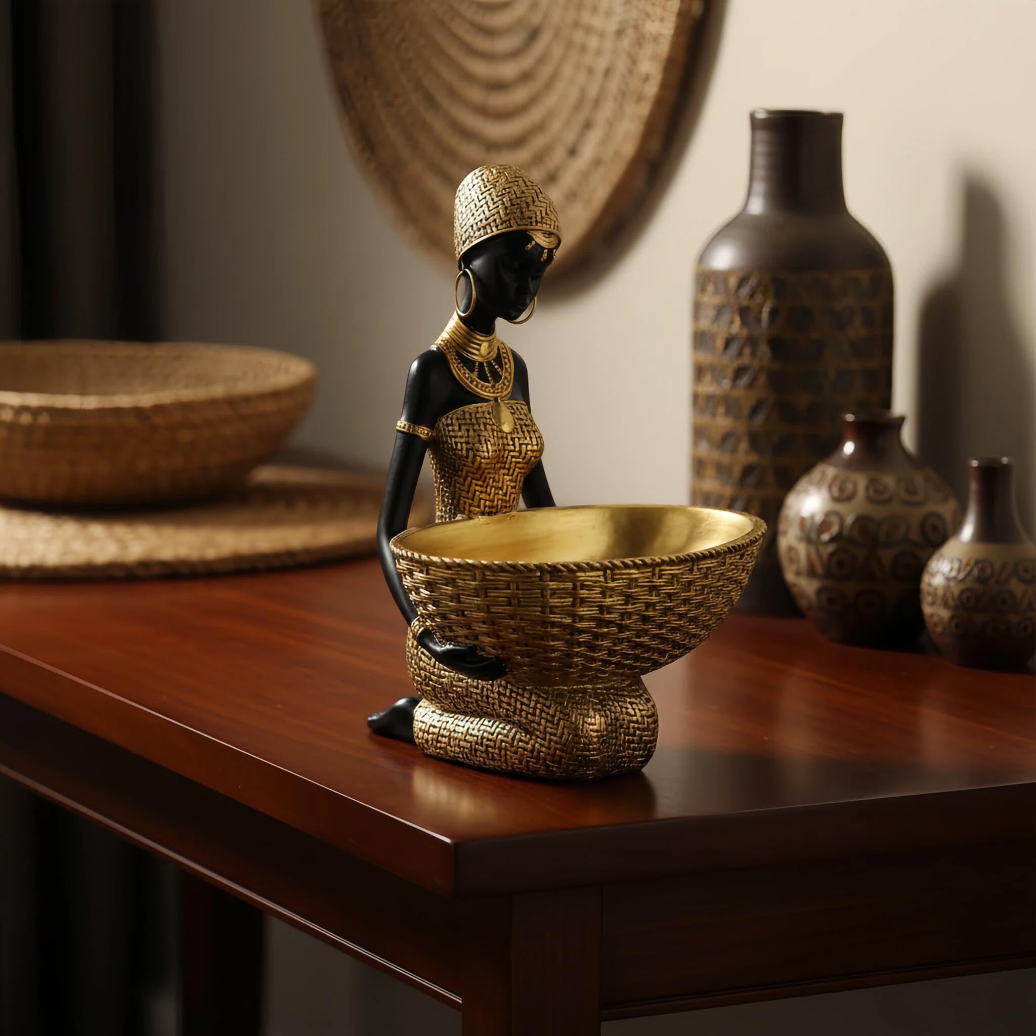 Lescafita African Woman Sculpture with Gold Leaf Bowl, Handmade Resin Figurine, Exotic Tribal Art Statue for Living Room, Dining Table, or Entryway Decoration
