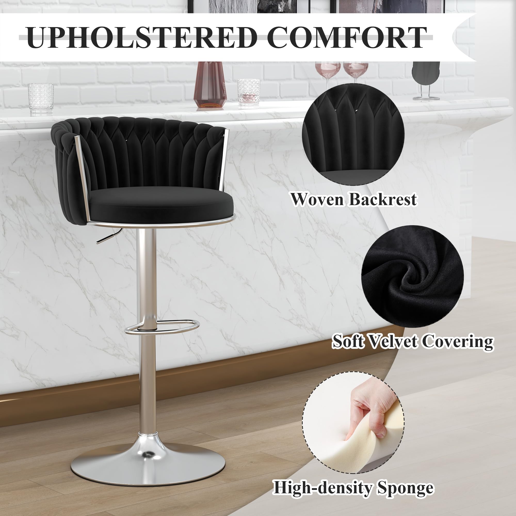ABET Gold Bar Stool Set of 2, Velvet Swivel Barstools, Height Adjustable Counter Stools with Woven Back, Upholstered Modern Luxury Kitchen Stools with Footrest for Cafe, Pub, Black
