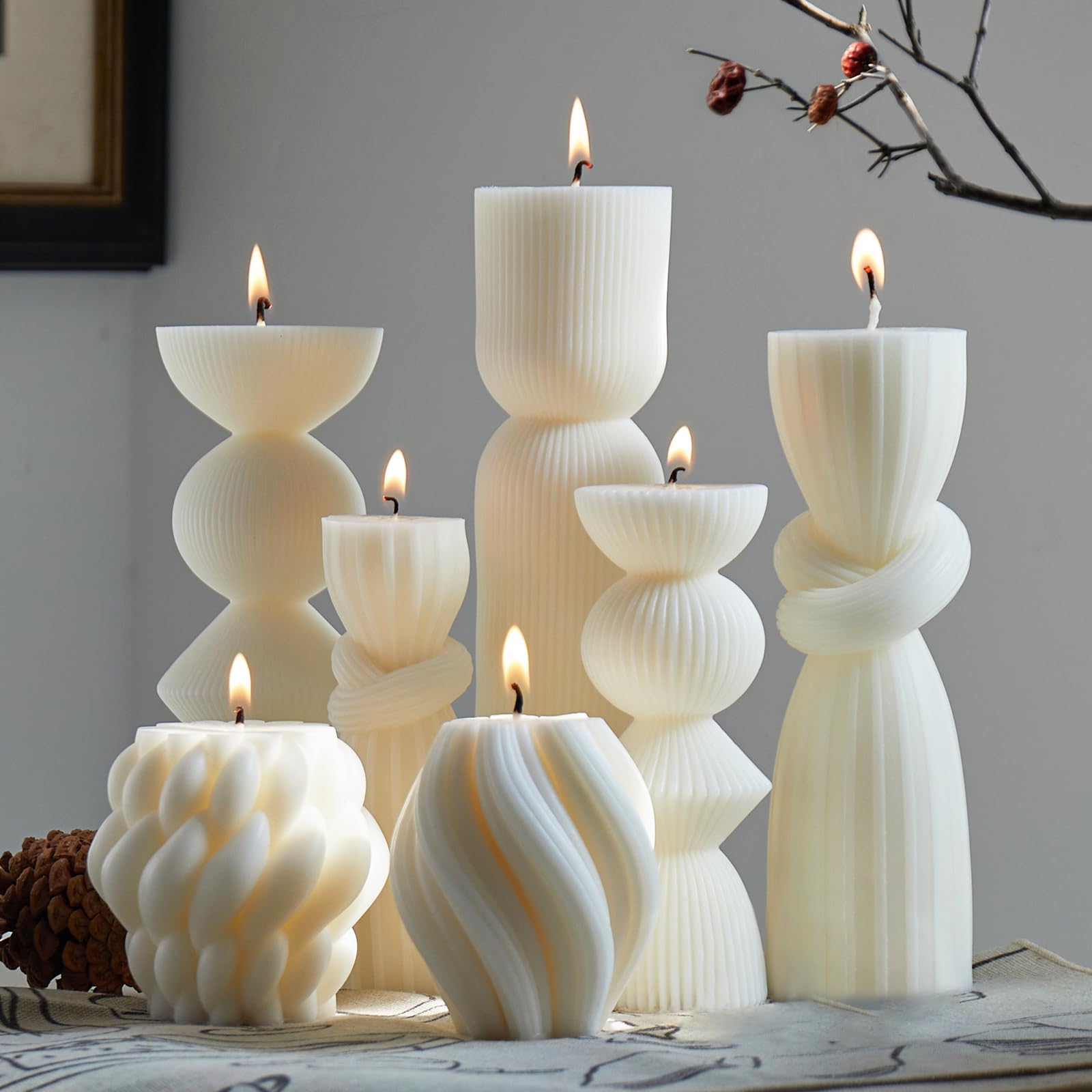7 Pcs Large Ribbed Pillar Candles - Handmade Soy Wax Candles for Home Decor, Modern Shelf Decor, Housewarming Gift, Aesthetic Room Decor (White)