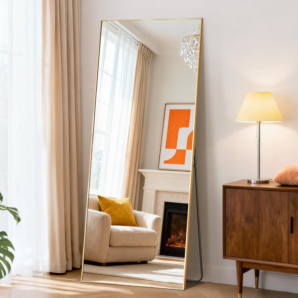 DUMOS Arched Full Length Mirror with Stand 64"x21" Floor Standing Aluminum Frame for Bedroom Body Hanging Leaning Modern Simple Home Decor Shatter-proorf Nano Glass Wall Living Room Cloakroom Black