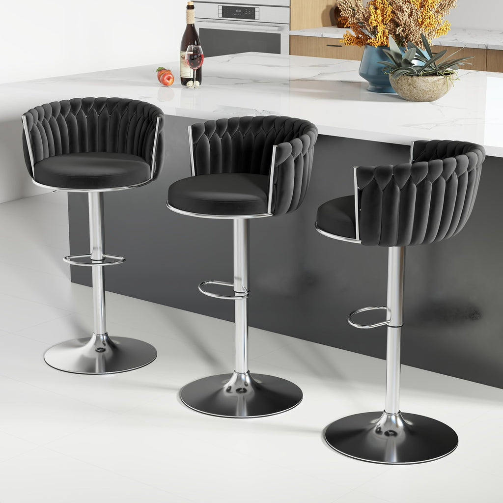 ABET Gold Bar Stool Set of 2, Velvet Swivel Barstools, Height Adjustable Counter Stools with Woven Back, Upholstered Modern Luxury Kitchen Stools with Footrest for Cafe, Pub, Black