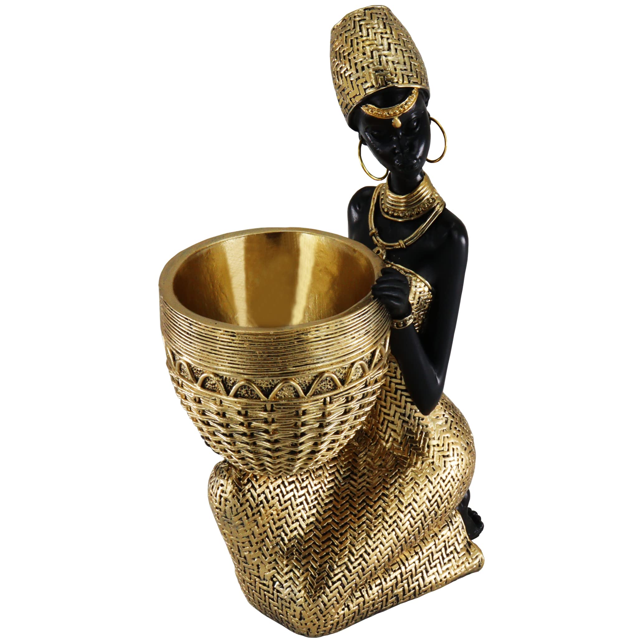 Lescafita African Woman Sculpture with Gold Leaf Bowl, Handmade Resin Figurine, Exotic Tribal Art Statue for Living Room, Dining Table, or Entryway Decoration