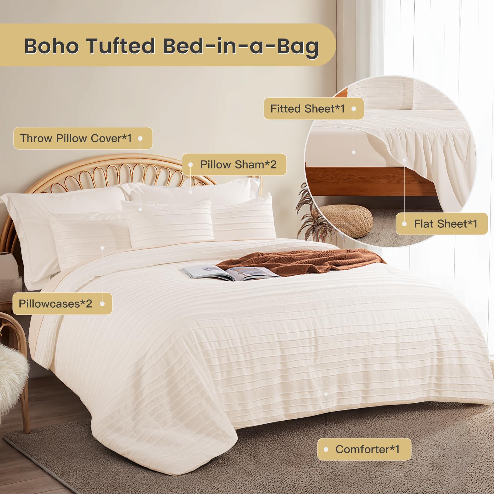 NEXHOME PRO Tufted Boho Comforter Set King, 8 Piece Bed in a Bag, Ultra Soft Brushed Microfiber All-in-One Bedding, Lightweight All Season Comforter, Machine Washable, Sage Green