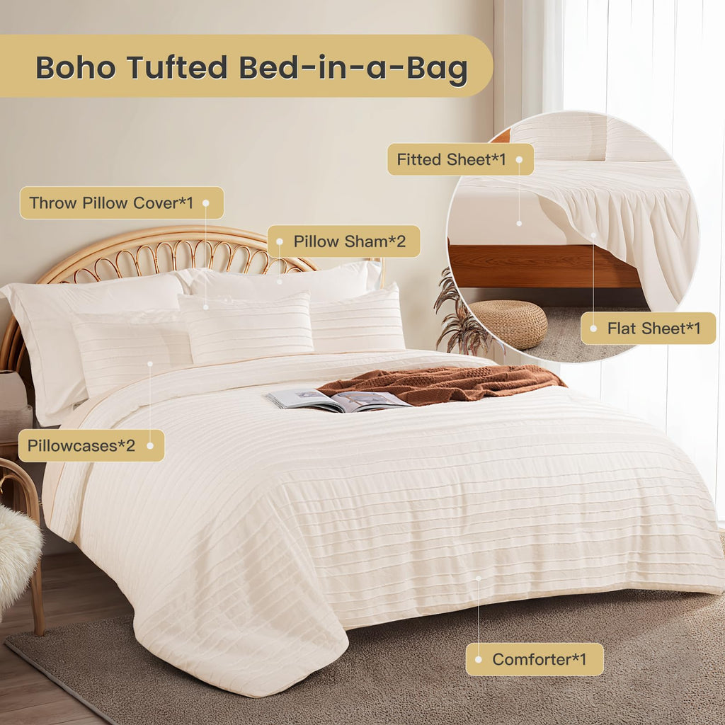 NEXHOME PRO Tufted Boho Comforter Set King, 8 Piece Bed in a Bag, Ultra Soft Brushed Microfiber All-in-One Bedding, Lightweight All Season Comforter, Machine Washable, Sage Green