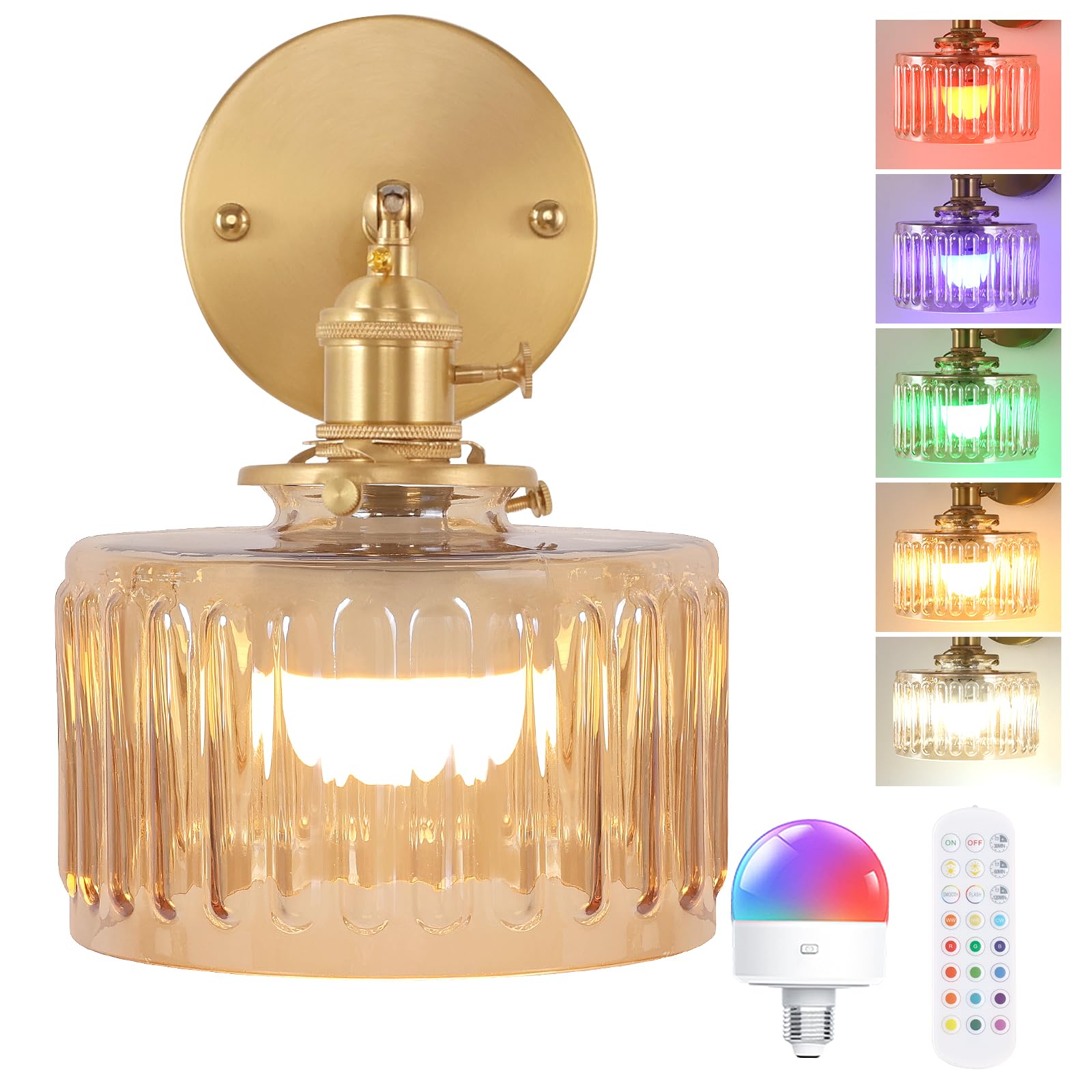 Shenmoyl Vintage Wall Sconce Wall Lamp with Amber Striped Glass Shade Hanging Wall Sconce with 4.9FT Plug in Cord, Modern Wall Lamp Fixtures Decor for Bedside Bedroom Indoor Doorway