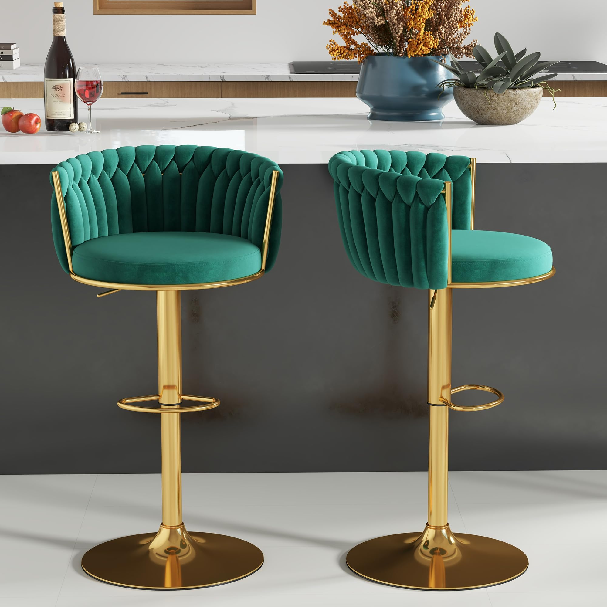 ABET Gold Bar Stool Set of 2, Velvet Swivel Barstools, Height Adjustable Counter Stools with Woven Back, Upholstered Modern Luxury Kitchen Stools with Footrest for Cafe, Pub, Black