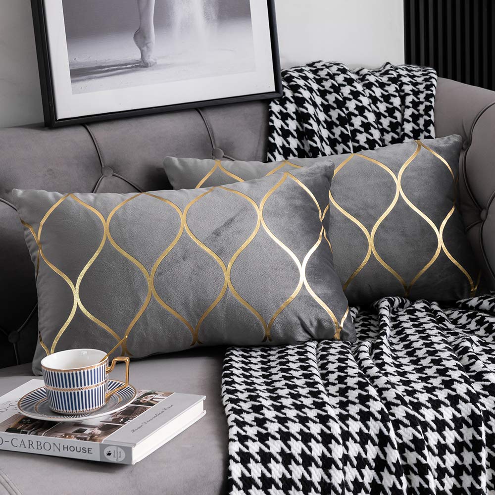 DEZENE 12x20 Inch Gold Velvet Throw Pillow Covers: 2 Pack Rectangular Decorative Pillow Cases for Bedroom Sofa Couch Living Room, Black