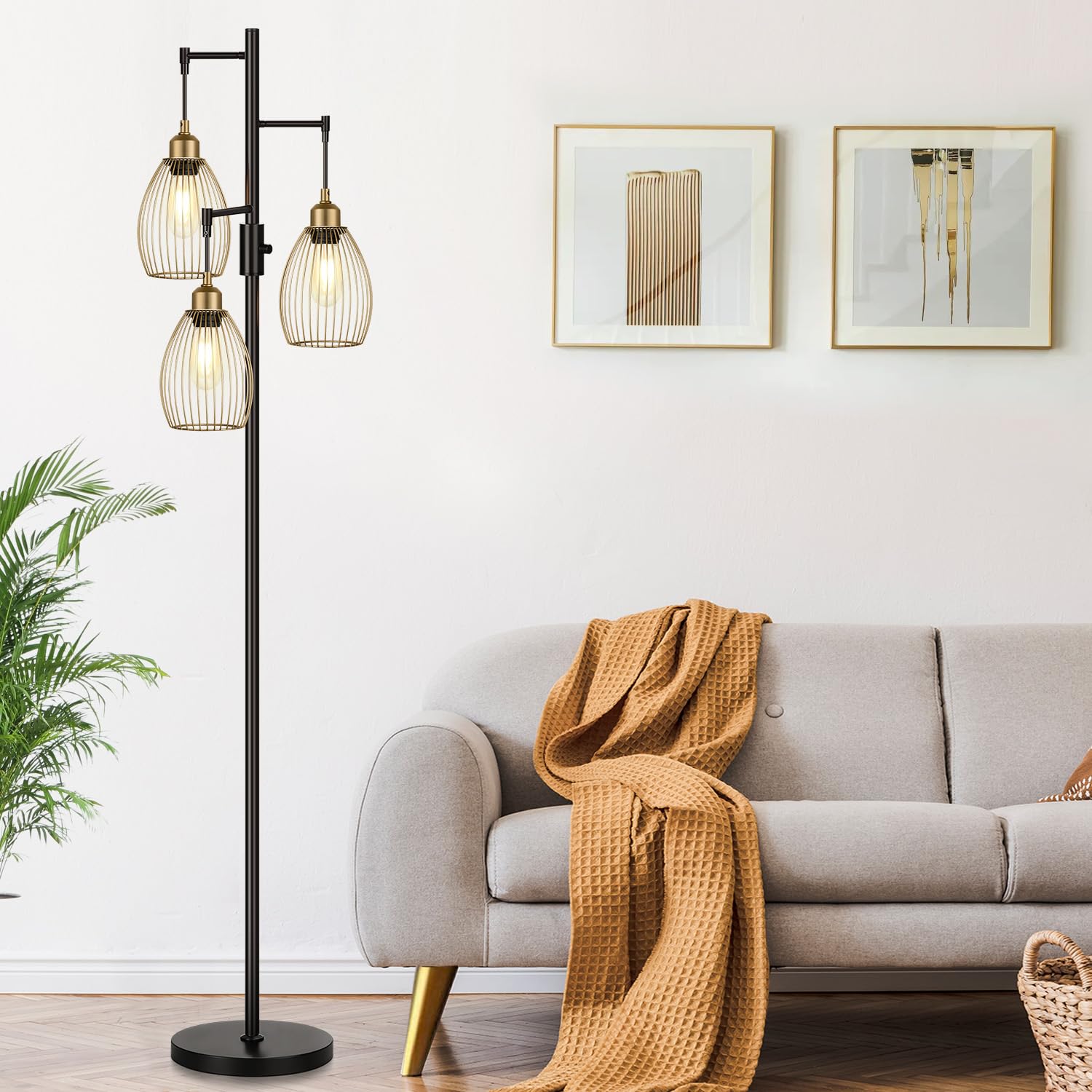 Dimmable Floor Lamp, Industrial Floor Lamps for Living Room, Gold Tree Lamp Standing Lamp Tall Lamps with 3 Elegant Teardrop Cage Head & 800 Lumens LED Bulbs for Living room Bedroom Office Dining Room