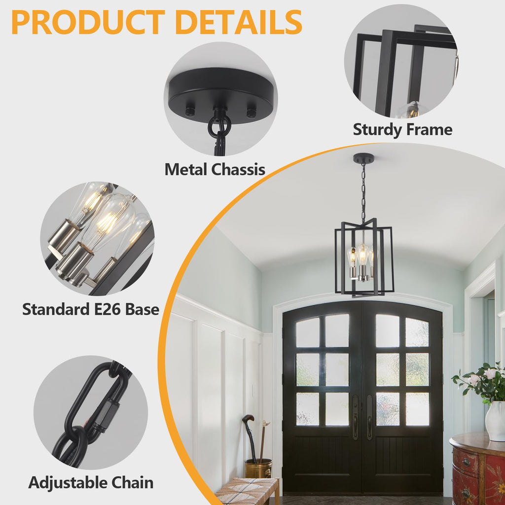 Black Gold Chandelier for Dining Room, Modern Farmhouse 3 Light Entryway Pendant Light Fixture Adjustable Geometric Industrial Rustic Foyer Light for Living Room Kitchen Island Hallway Bedroom